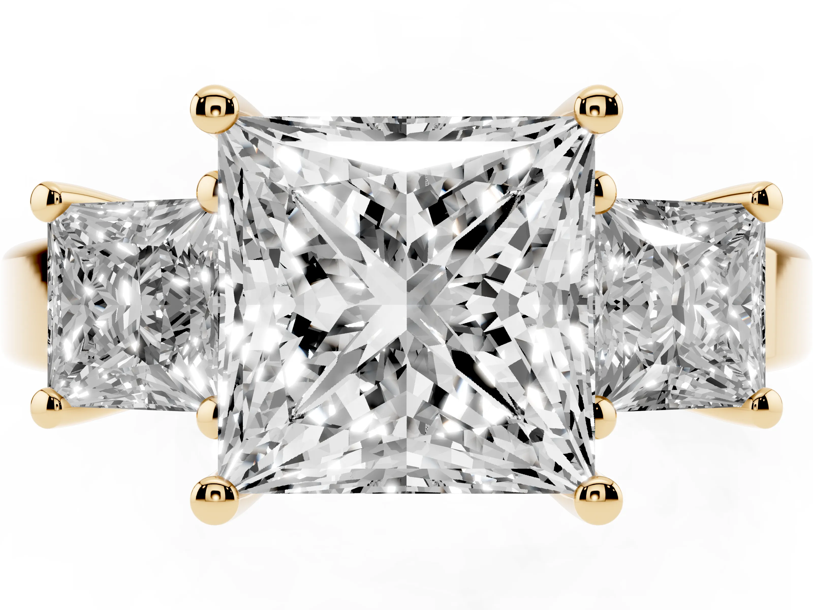Three-Stone Princess Cut Diamond Solitaire Ring Set in Yellow gold with Prong Setting