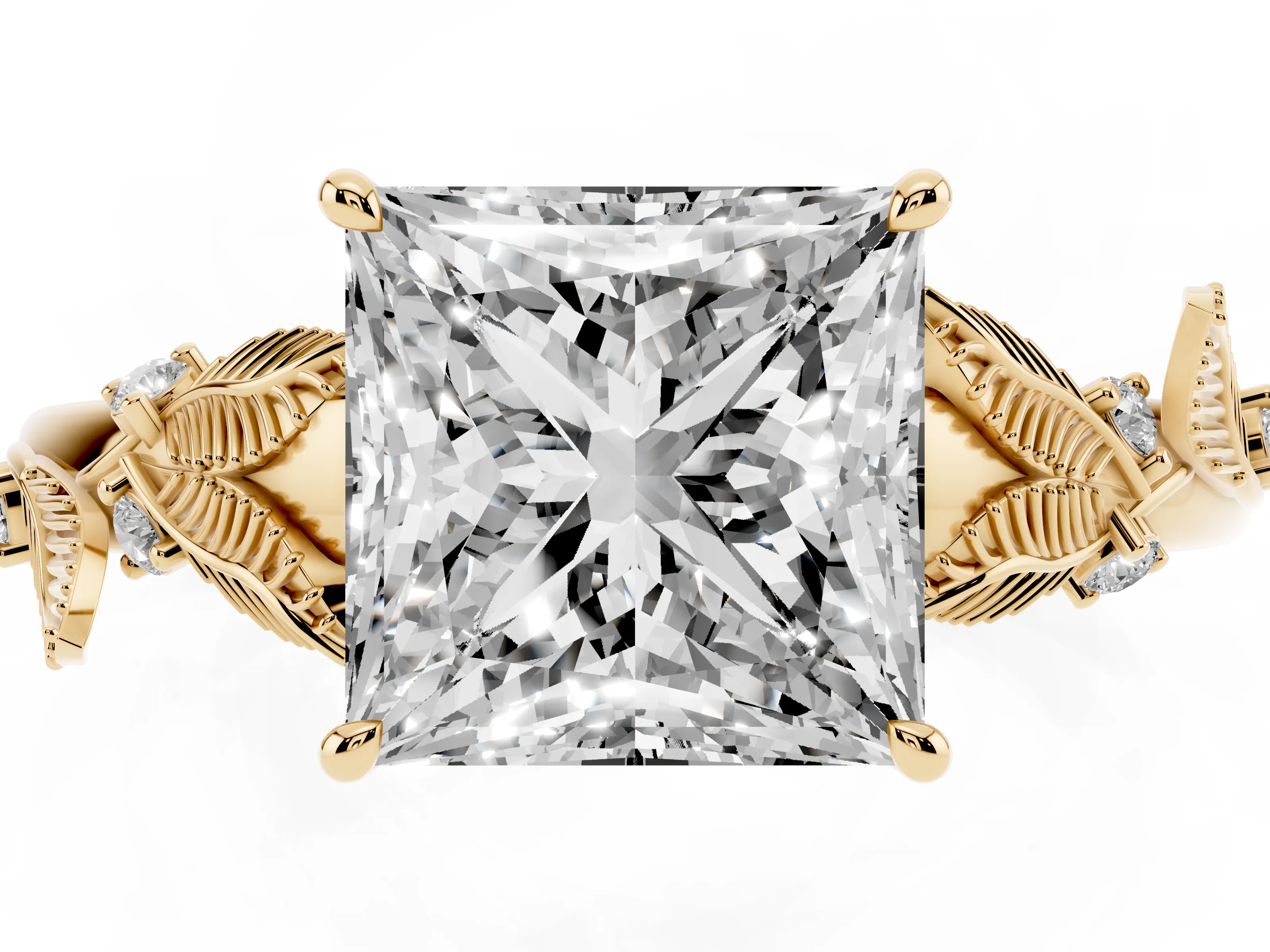 Princess Cut Diamond Solitaire Ring Set in Yellow gold with Leaf Motif Band