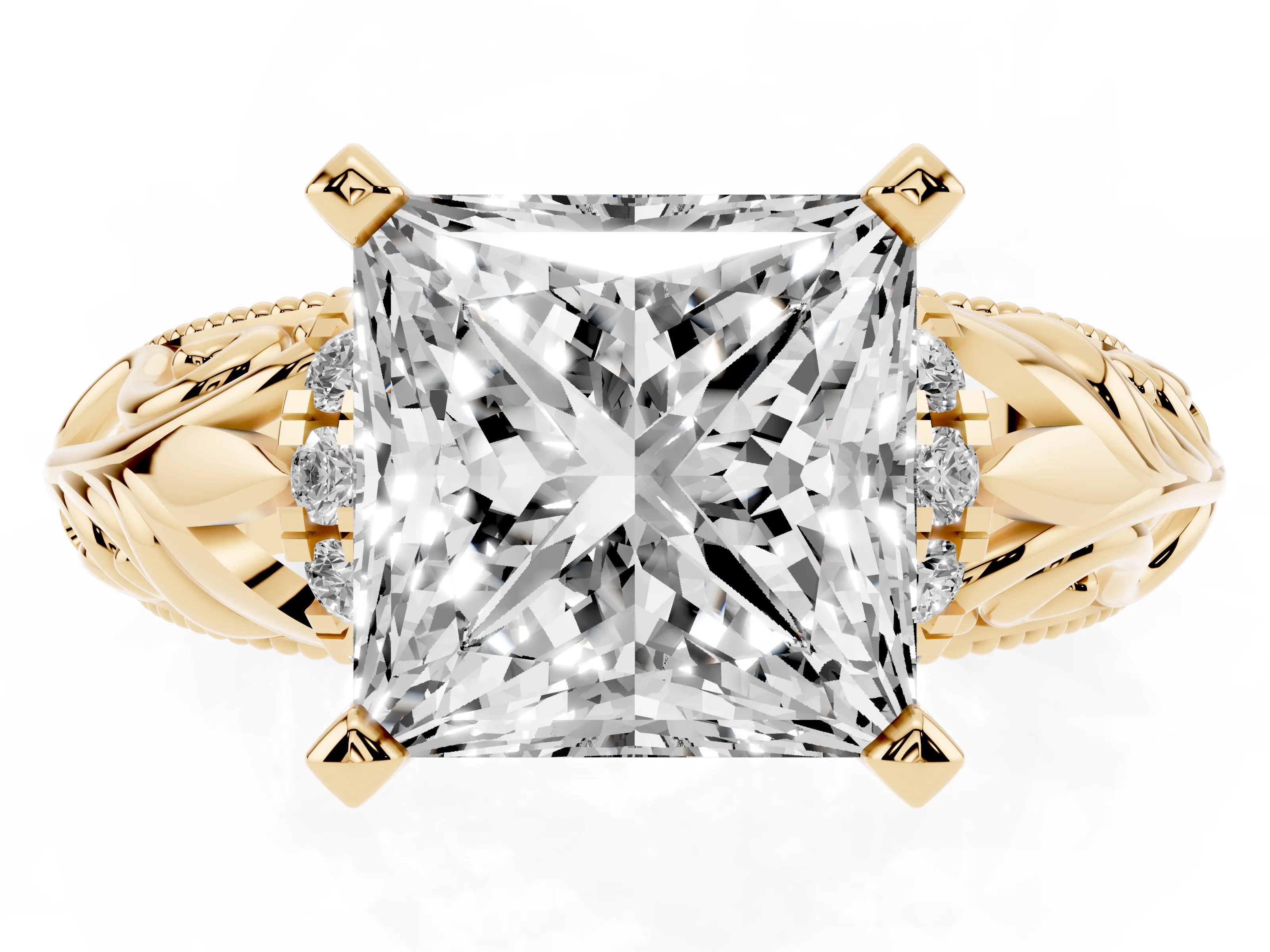 Princess Cut Diamond Filigree Halo Engagement Ring Set in Yellow gold with Prong Setting