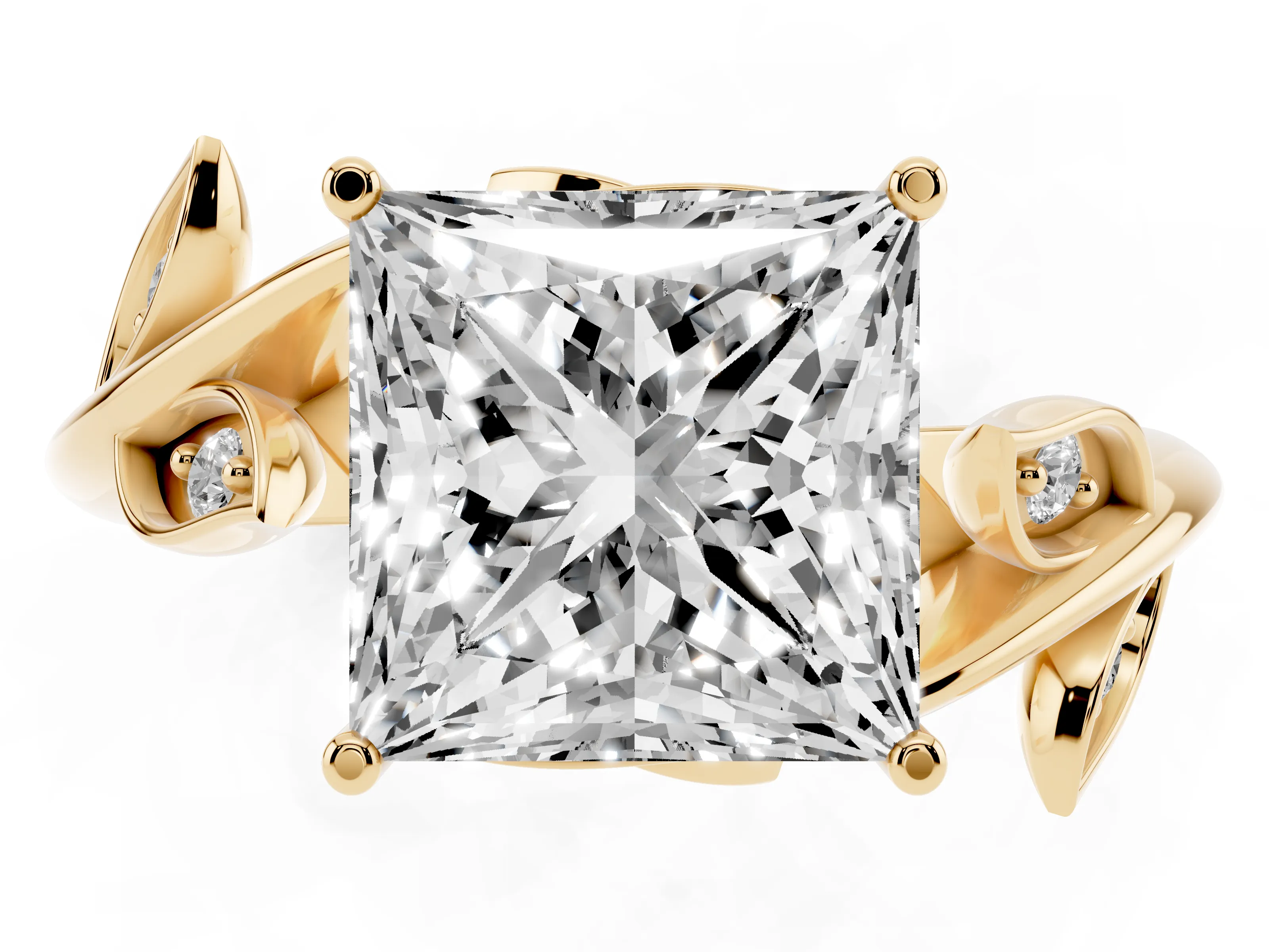 Princess Cut Diamond Solitaire Twist Engagement Ring Set in Yellow gold with Pavé Leaf Accents