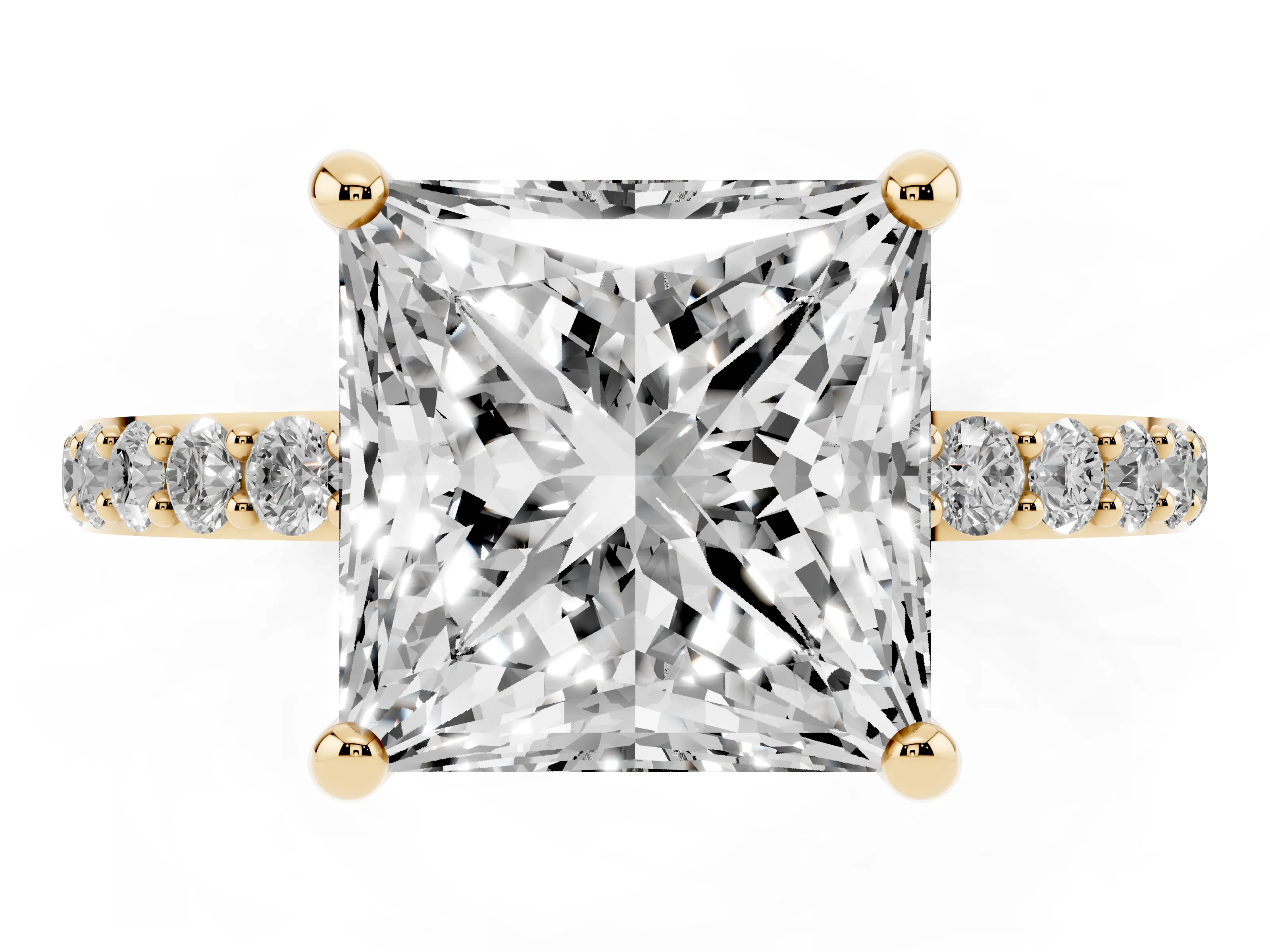 Princess Cut Diamond Solitaire Ring Set in Yellow gold with Round Pavé Band and Prong Setting