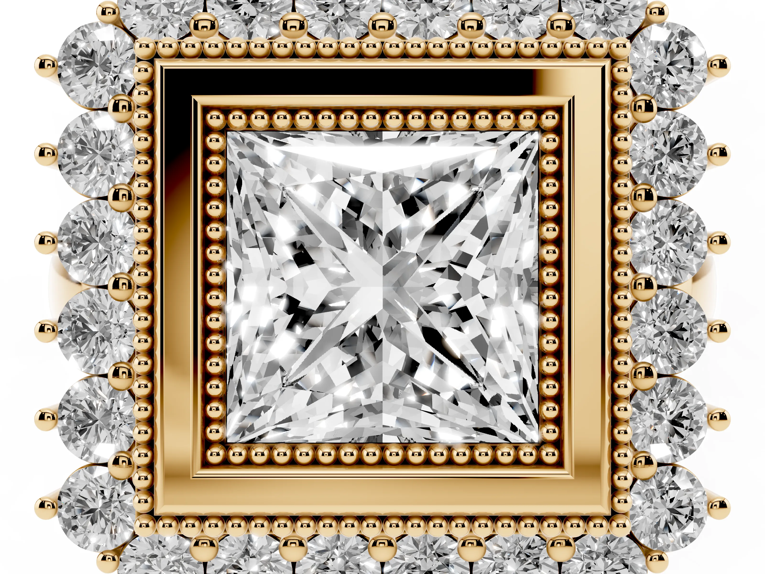 Princess Cut Diamond Halo Ring Set in Yellow gold with Milgrain Edge and Round Prong Setting