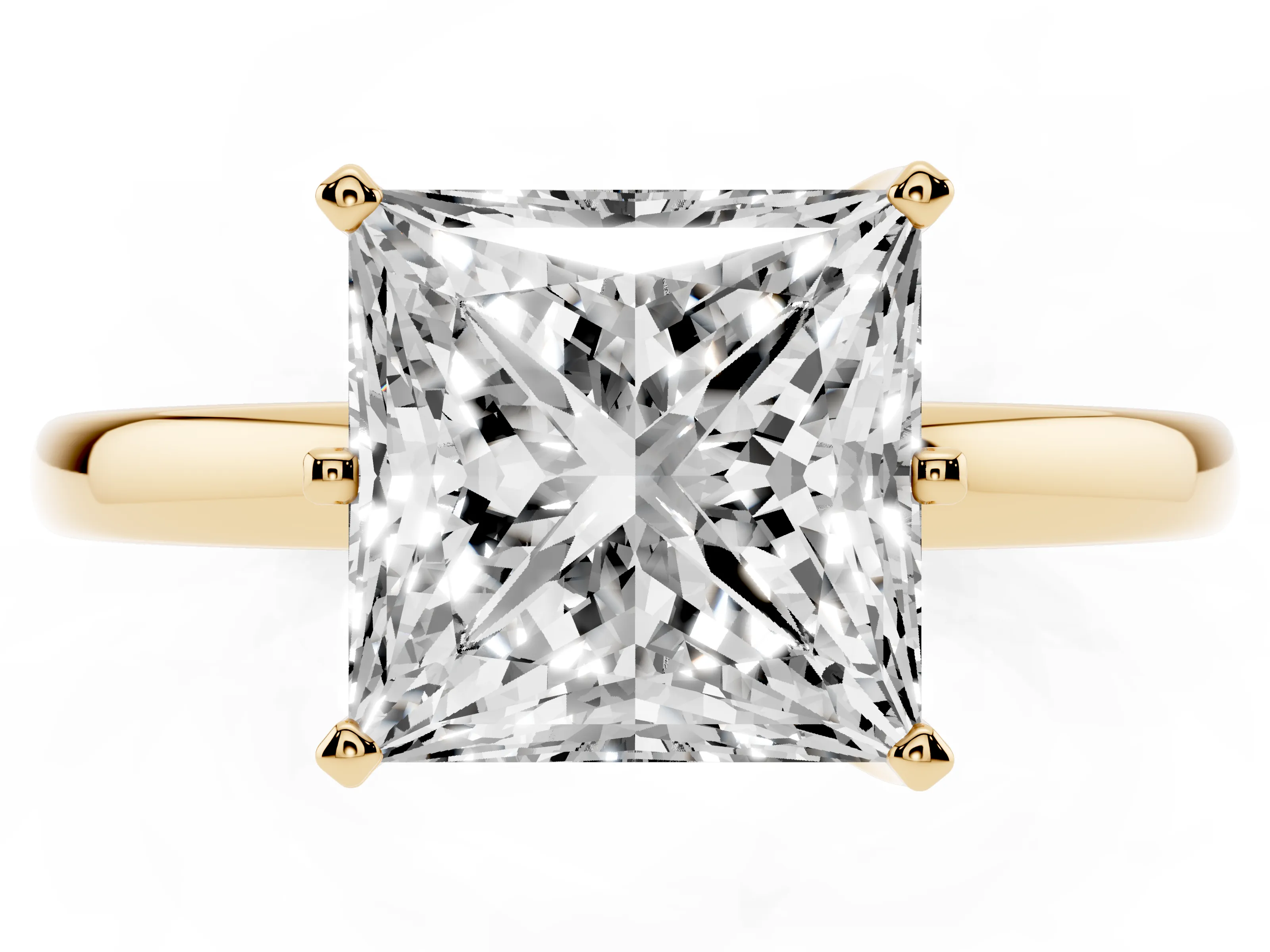 Princess Cut Diamond Solitaire Ring Set in Yellow gold with Raised Prong Setting on a Classic Band