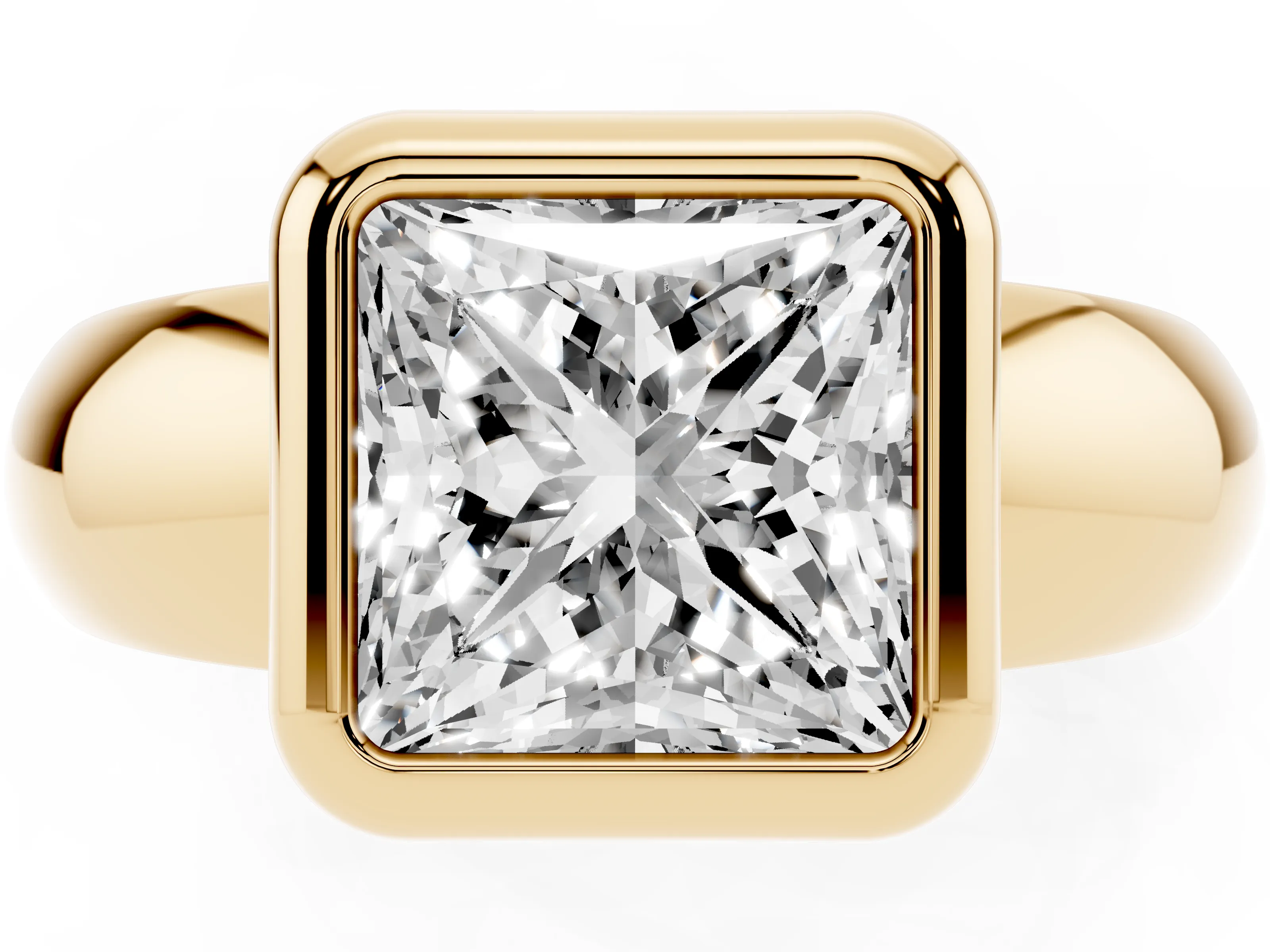 Bezel Set Princess Cut Diamond Solitaire Ring Set in Yellow gold with Wide Band