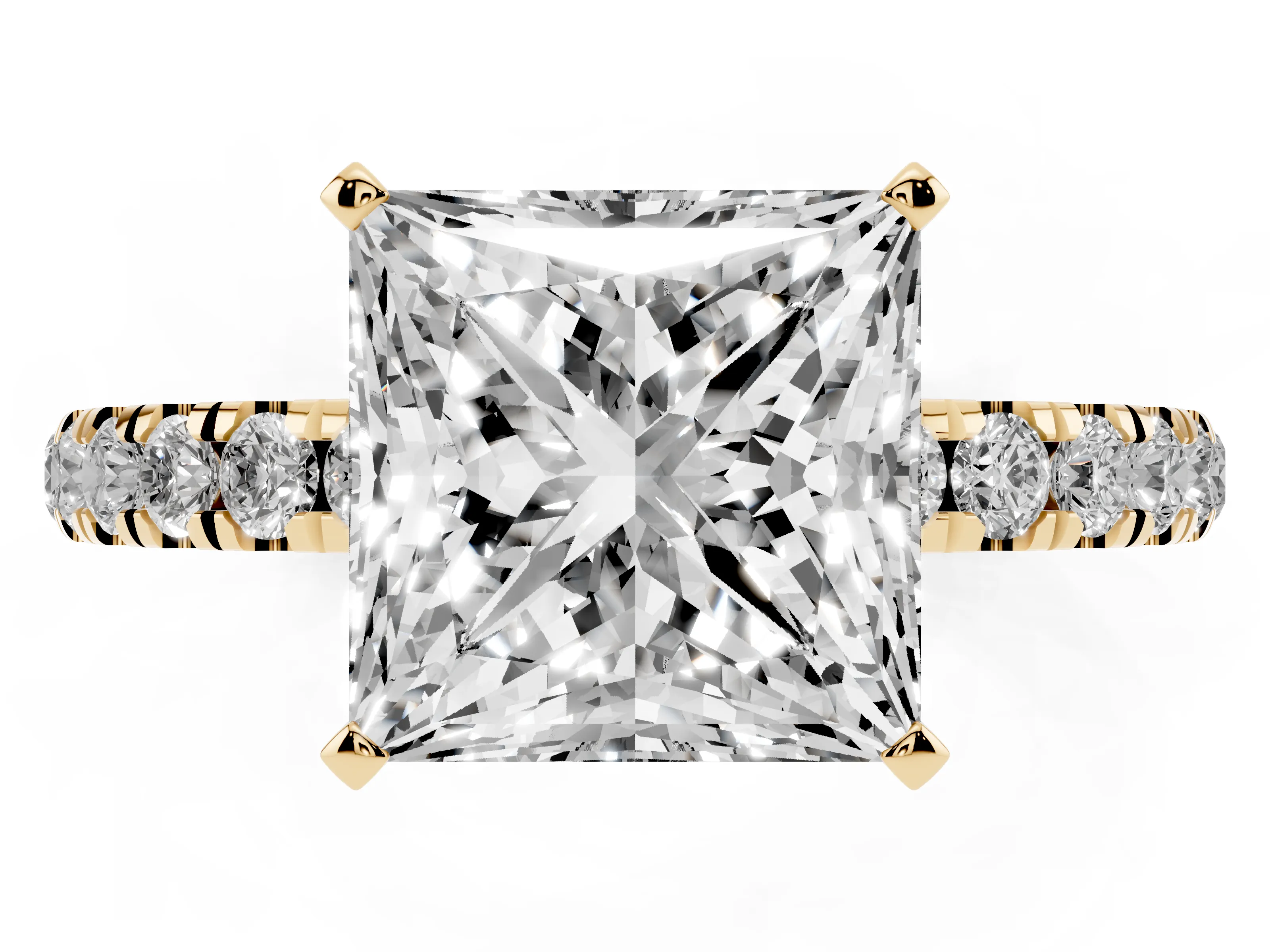 Princess Cut Diamond Solitaire Ring Set in Yellow gold with Pavé Accents and Prong Setting