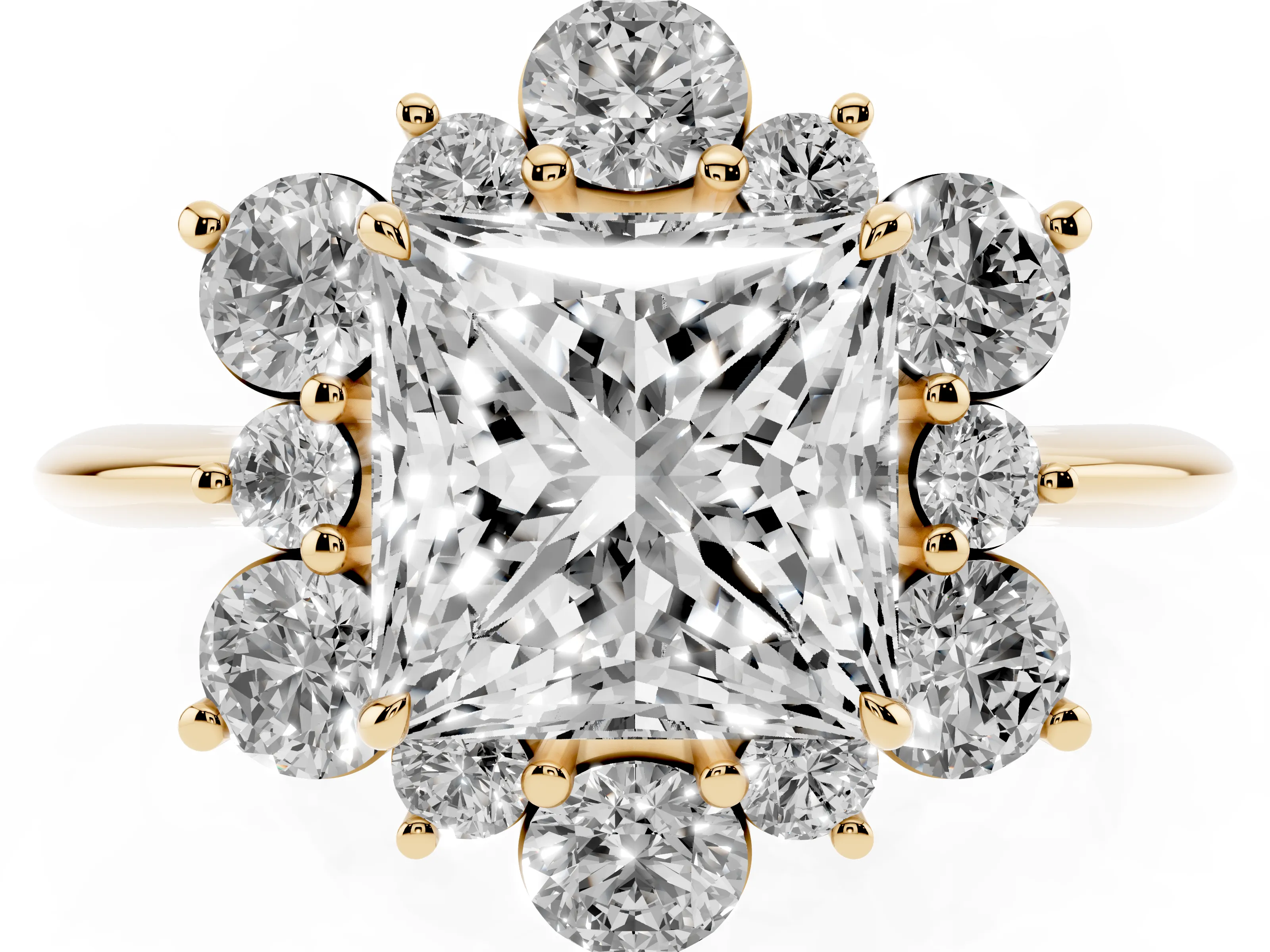 Princess Cut Diamond Cluster Halo Ring Set in Yellow gold with Solitaire Band and Prong Setting