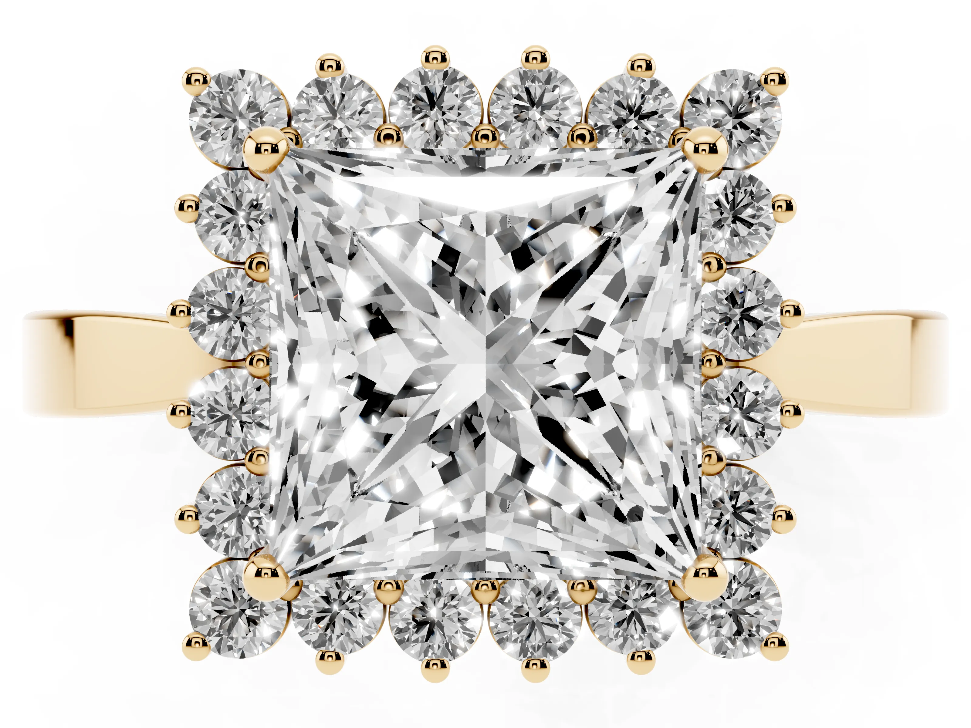 Princess Cut Diamond Halo Ring Set in Yellow gold with Round Halo and Smooth Solitaire Band