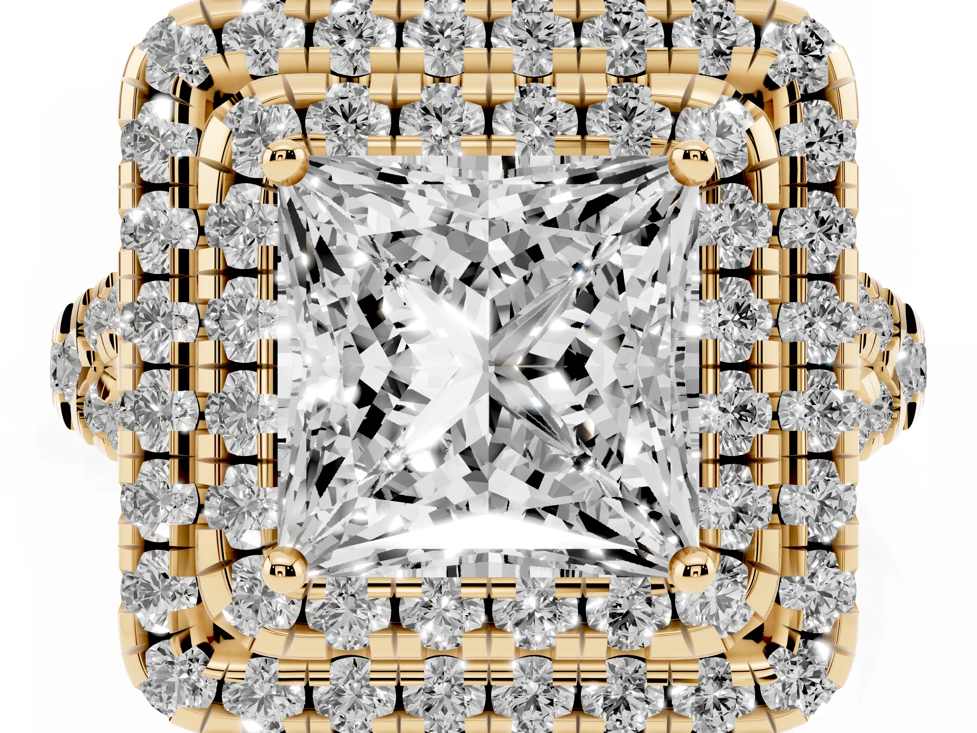 Princess Cut Diamond Double Halo Ring Set in Yellow gold with Pavé Split Shank and Prong Setting