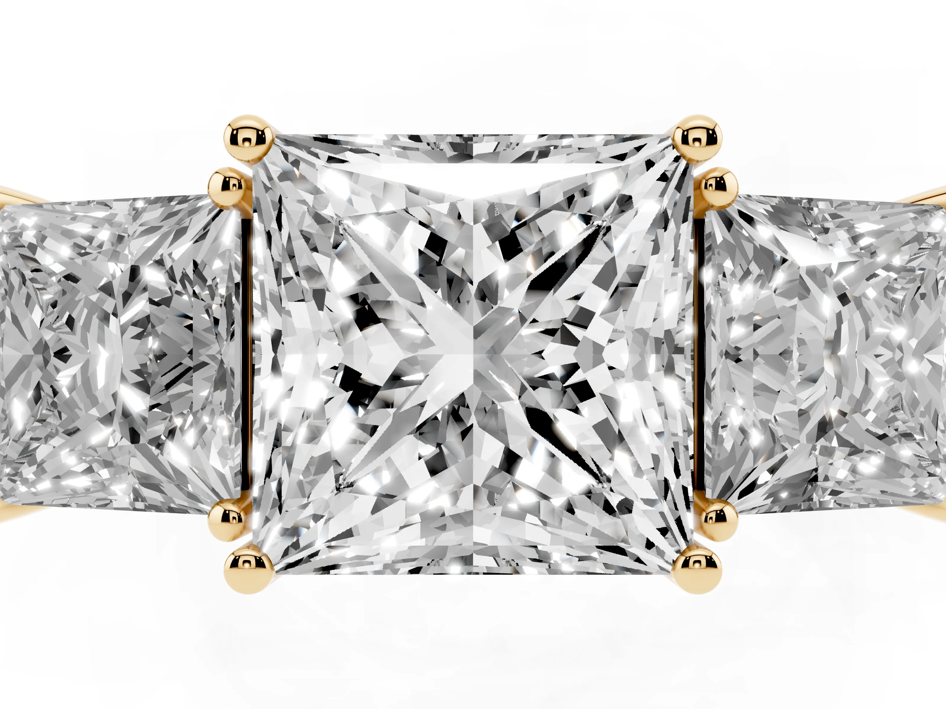 Princess Cut Diamond Three-Stone Engagement Ring Set in Yellow gold with Flat Band