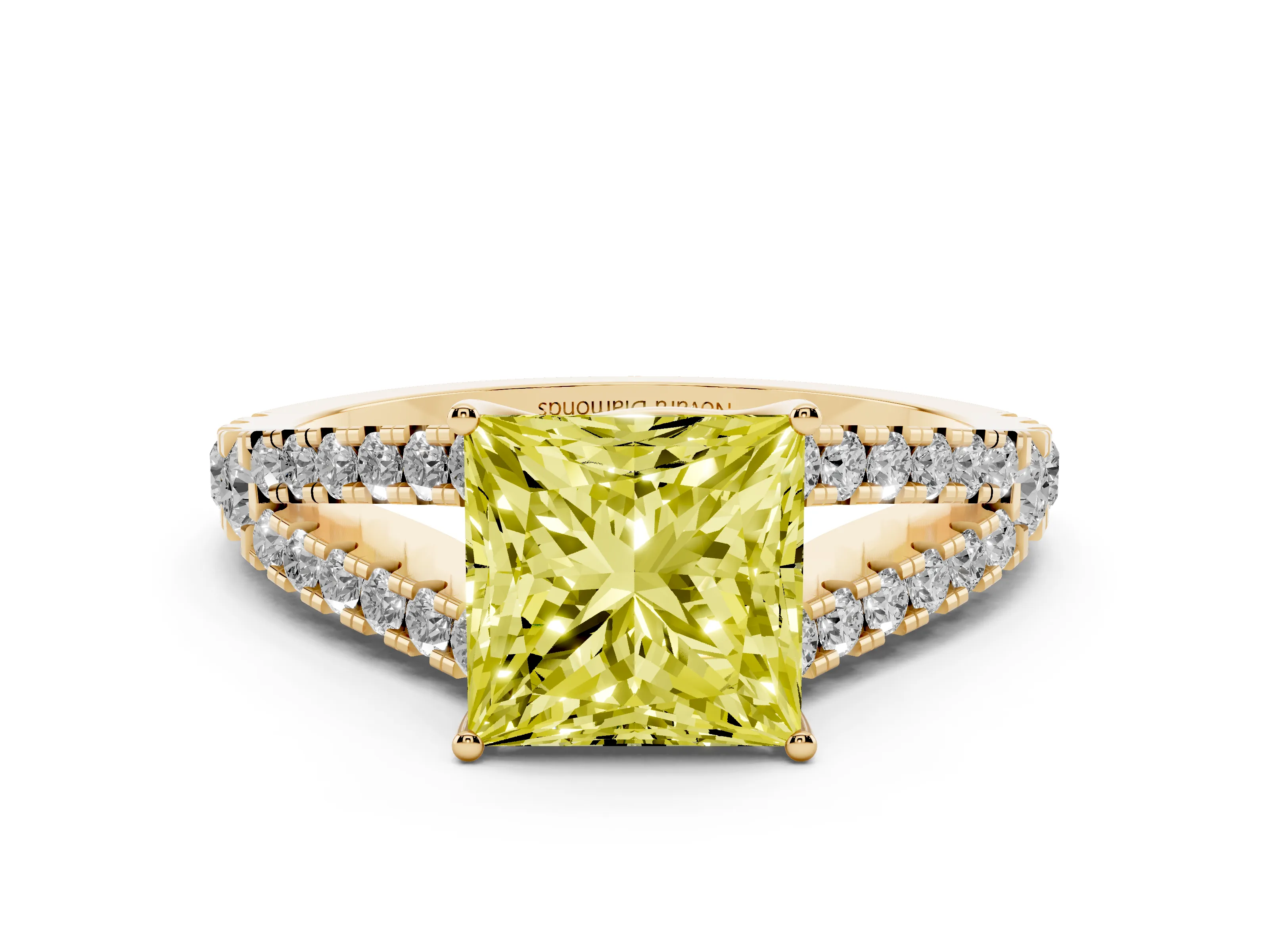 Fancy Yellow Princess Cut Diamond Split Shank Pavé Engagement Ring Set in Yellow gold with Prong-Held Center Stone