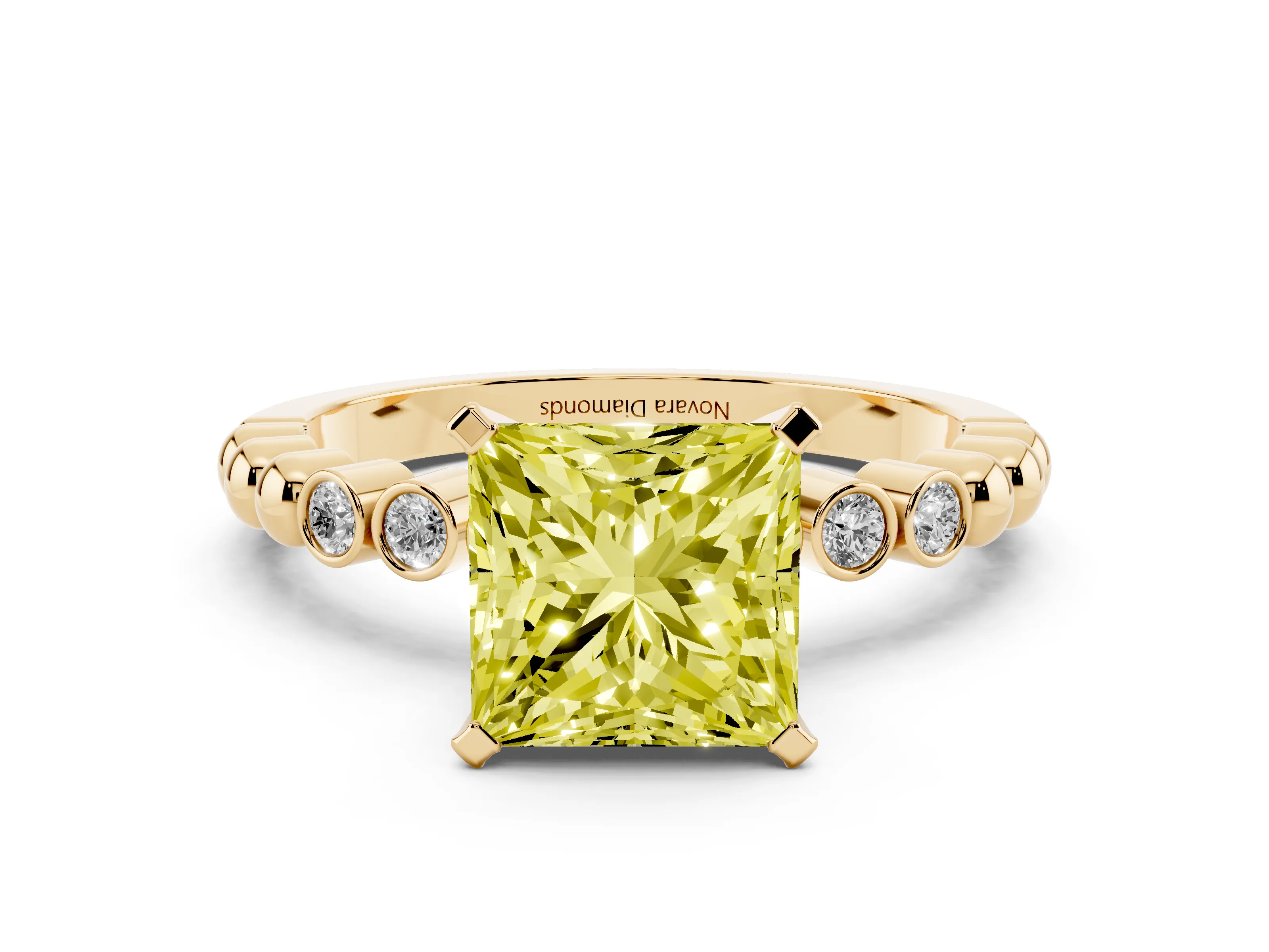 Fancy Yellow Princess Cut Diamond Solitaire Engagement Ring Set in Yellow gold with Bezel Accents on Beaded Band