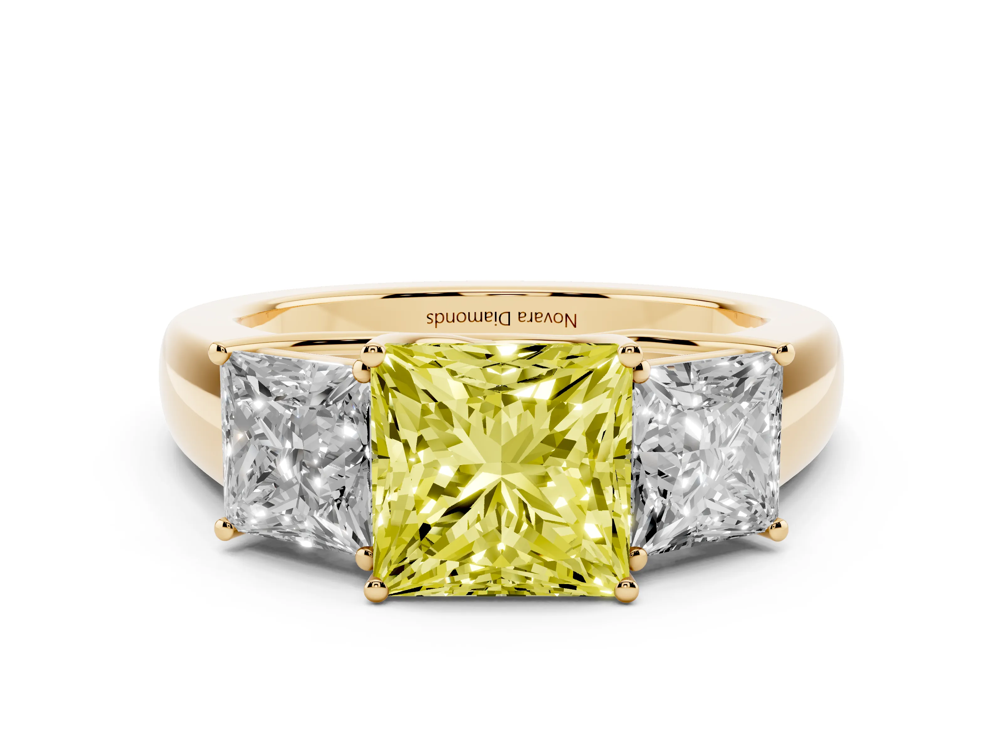 Fancy Yellow Three-Stone Princess Cut Diamond Ring Set in Yellow gold with Matching Prong Settings and Plain Band