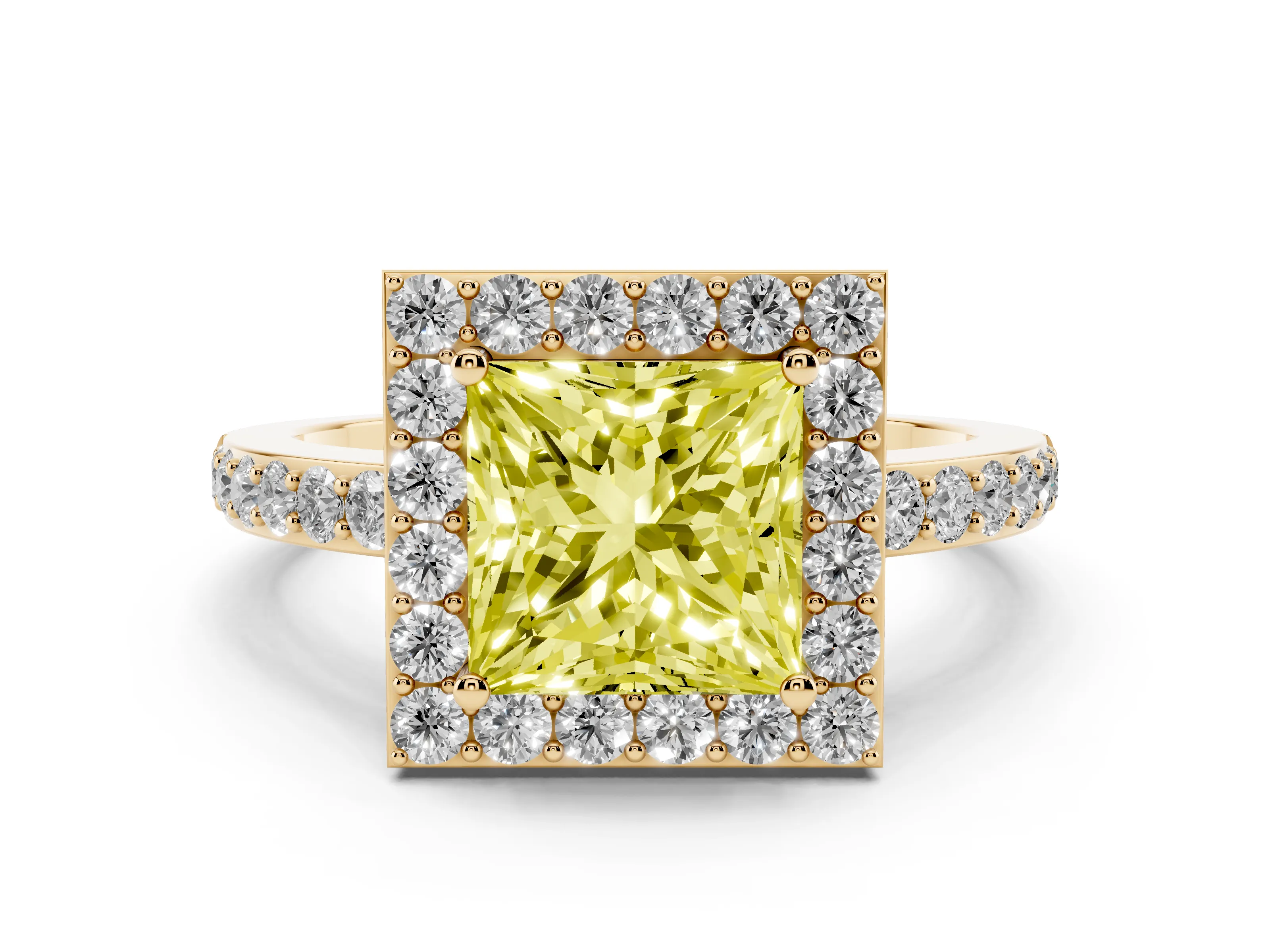 Fancy Yellow Princess Cut Diamond Halo Ring Set in Yellow gold with Pavé-Setting Band and Open Prong Center