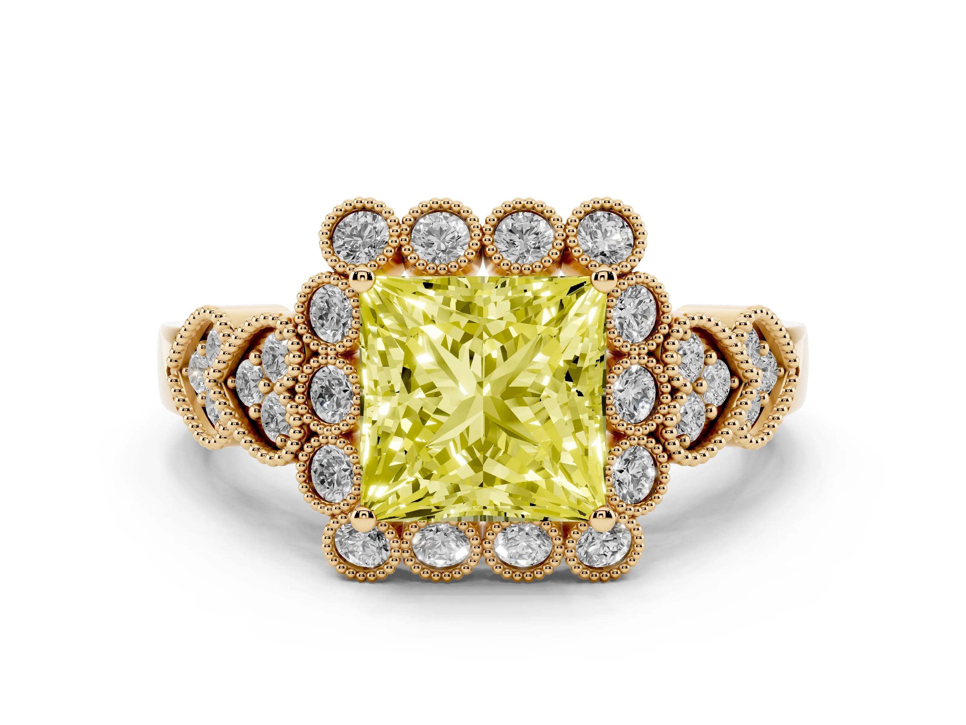 Fancy Yellow Princess Cut Diamond Solitaire Ring Set in Yellow gold with Milgrain Pavé Heart Band