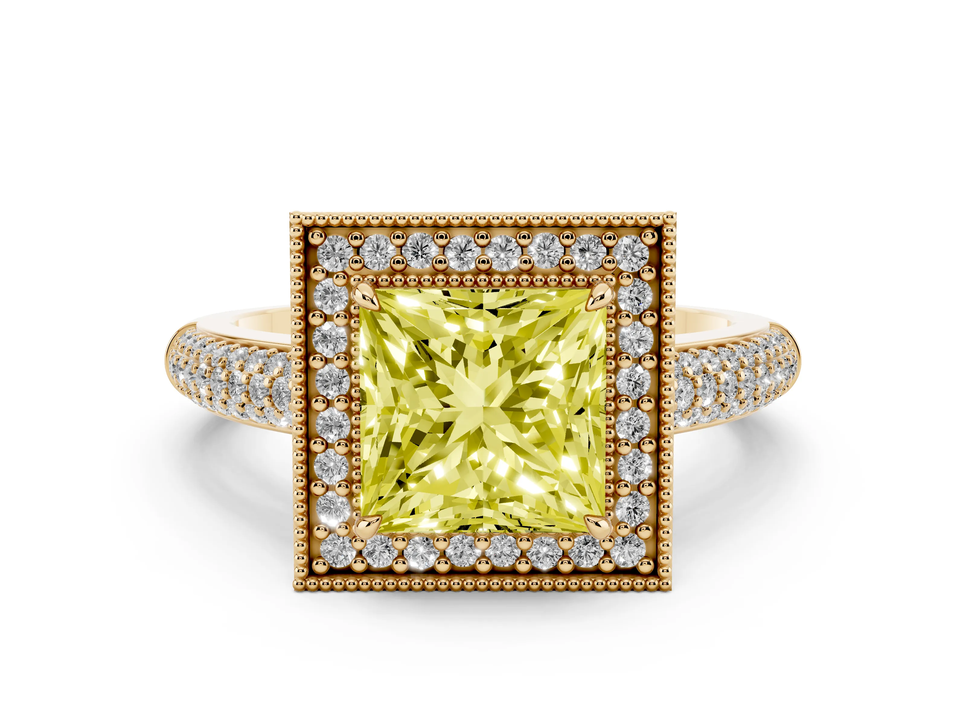Fancy Yellow Princess Cut Diamond Halo Pavé Band Set in Yellow gold with Prong Setting