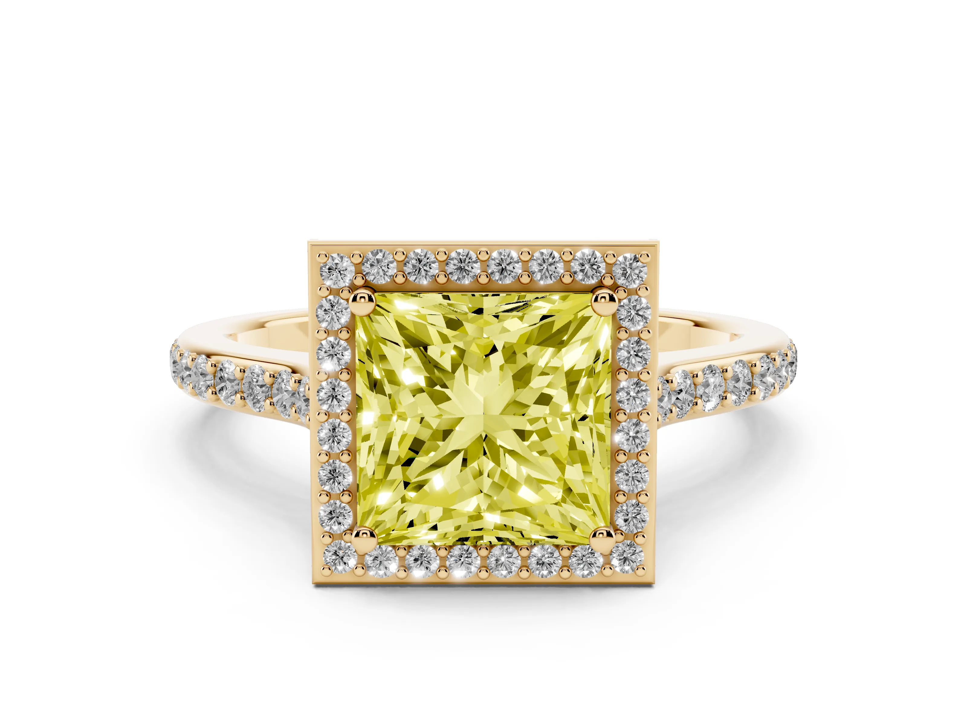 Fancy Yellow Princess Cut Diamond Halo Engagement Ring Set in Yellow gold with Round Pavé Shoulders and Heart Gallery