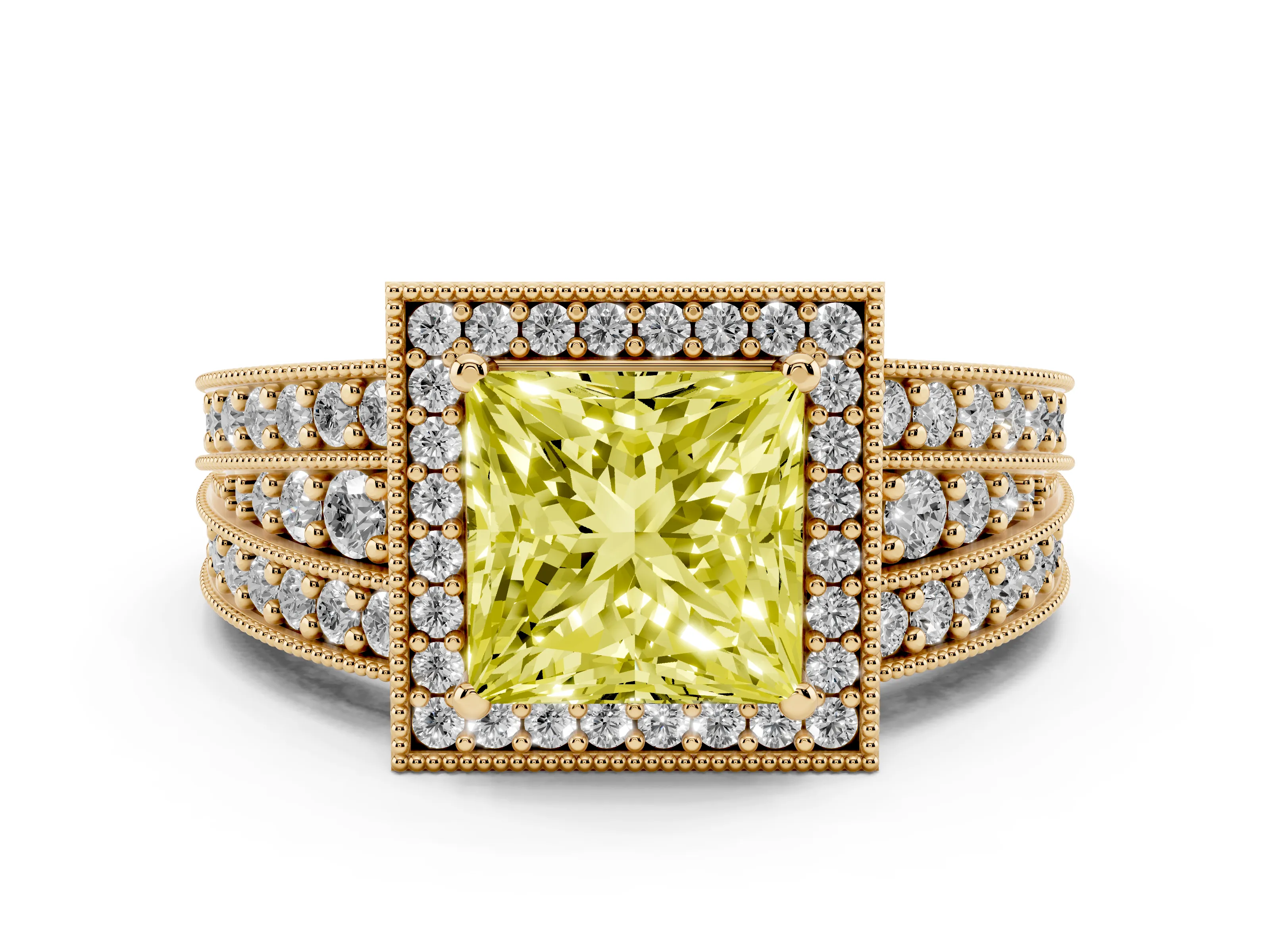 Fancy Yellow Princess Cut Diamond Halo Ring Set in Yellow gold with Accent Split Shank and Prong Setting