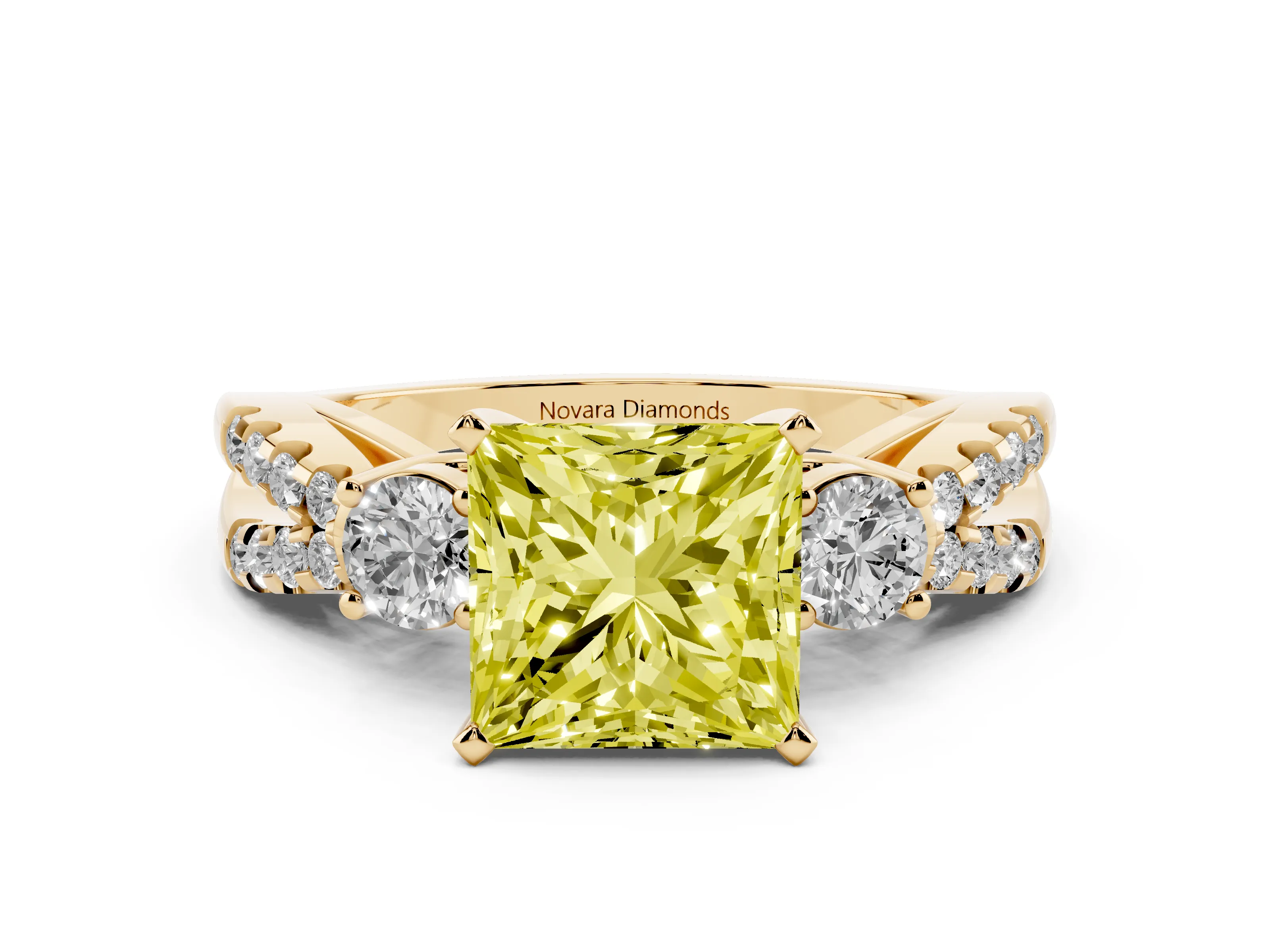 Fancy Yellow Princess Cut Diamond Three-Stone Ring Set in Yellow gold with Pavé Split Shank and Prong Setting