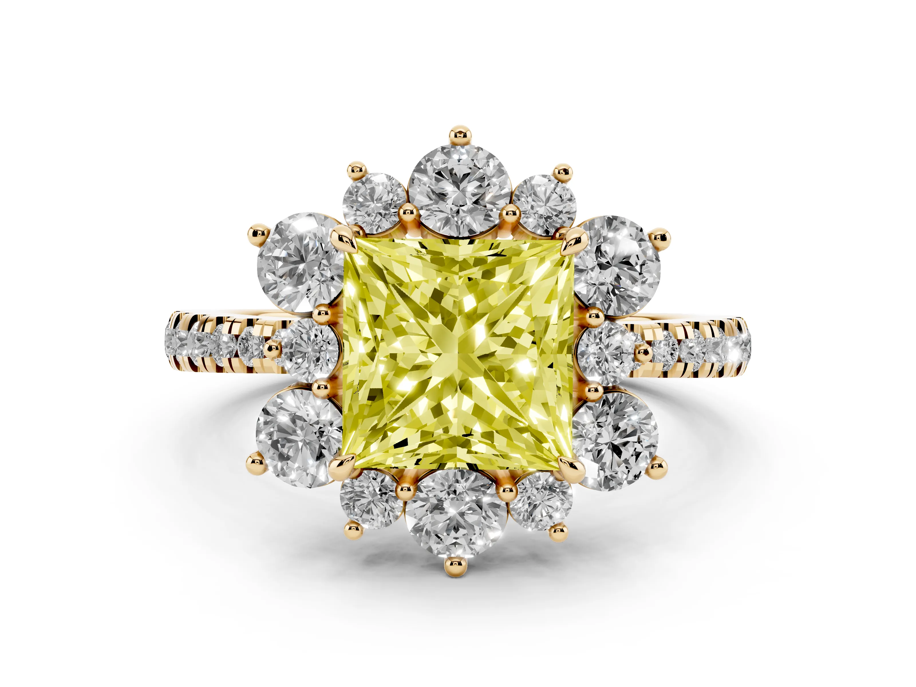 Fancy Yellow Princess Cut Diamond Floral Halo Ring Set in Yellow gold with Round Pavé Band and Prong Setting