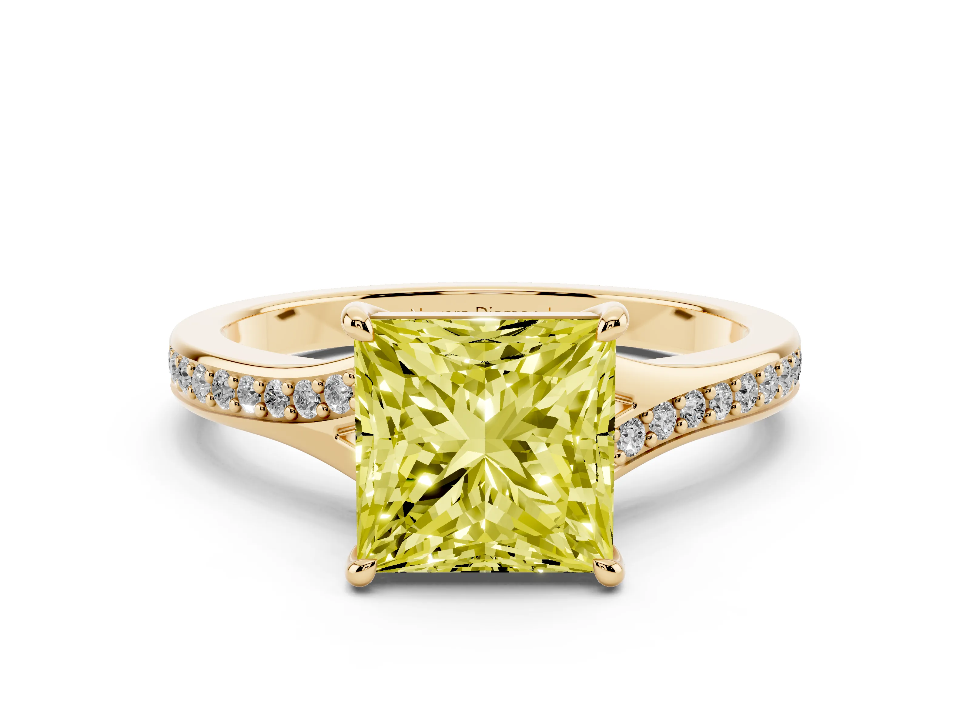 Fancy Yellow Princess Cut Diamond Solitaire Ring Set in Yellow gold with Pavé Accent Band and Classic Prong Setting