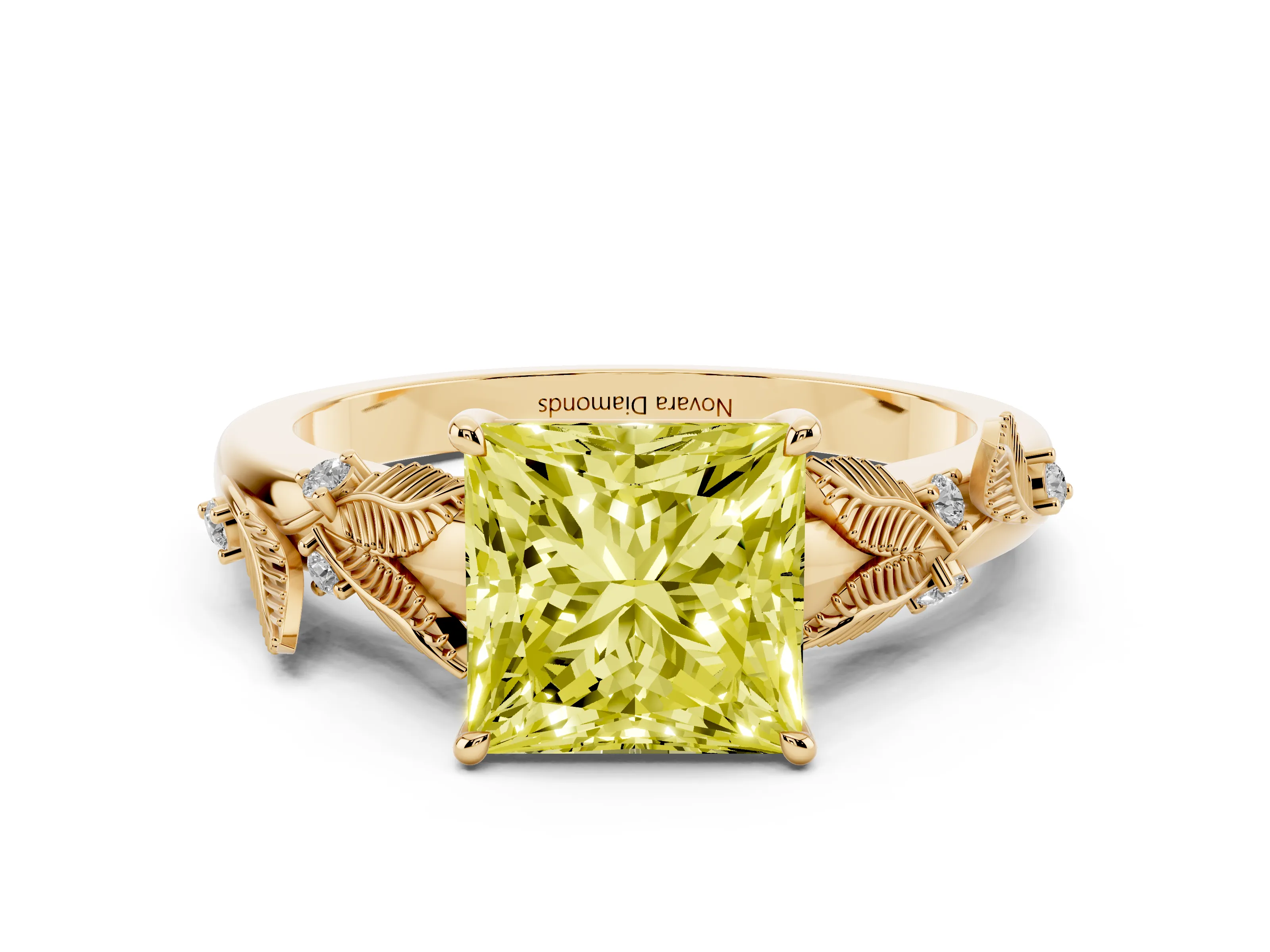 Fancy Yellow Princess Cut Diamond Solitaire Ring Set in Yellow gold with Leaf Motif Band