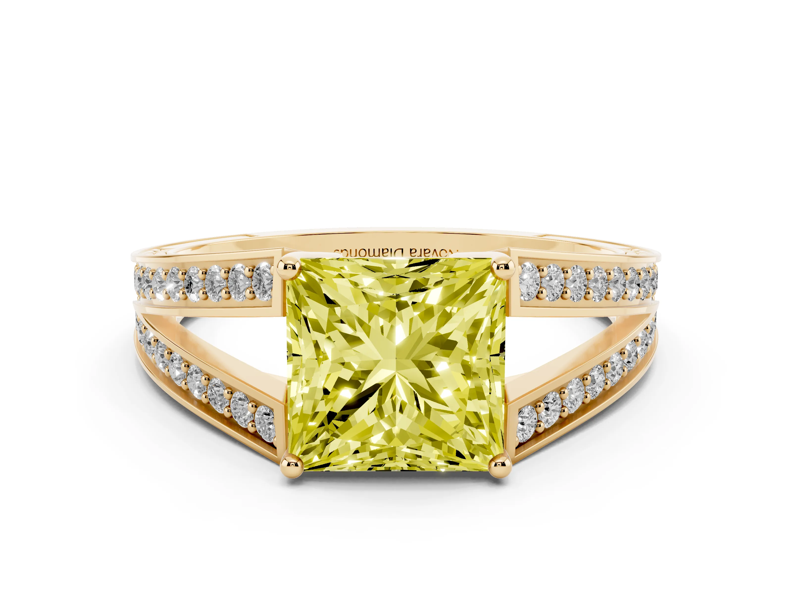 Fancy Yellow Princess Cut Diamond Split Shank Ring Set in Yellow gold with Pavé Band and Prong Setting