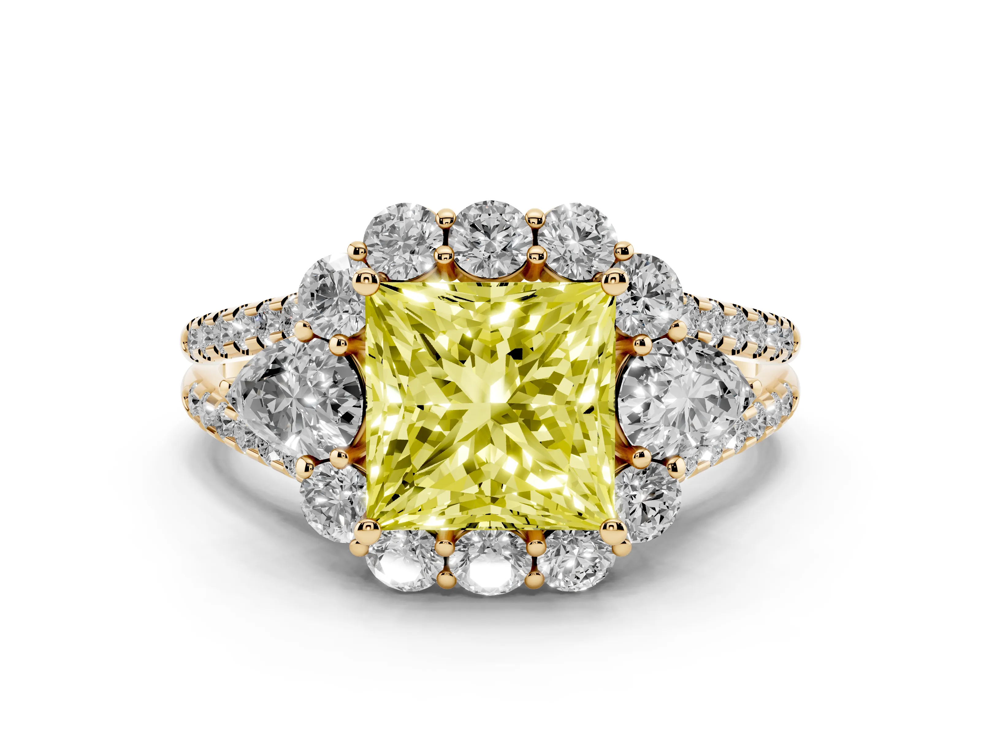 Fancy Yellow Princess Cut Diamond Halo Split Shank Engagement Ring Set in Yellow gold with Prong-Held Center Stone