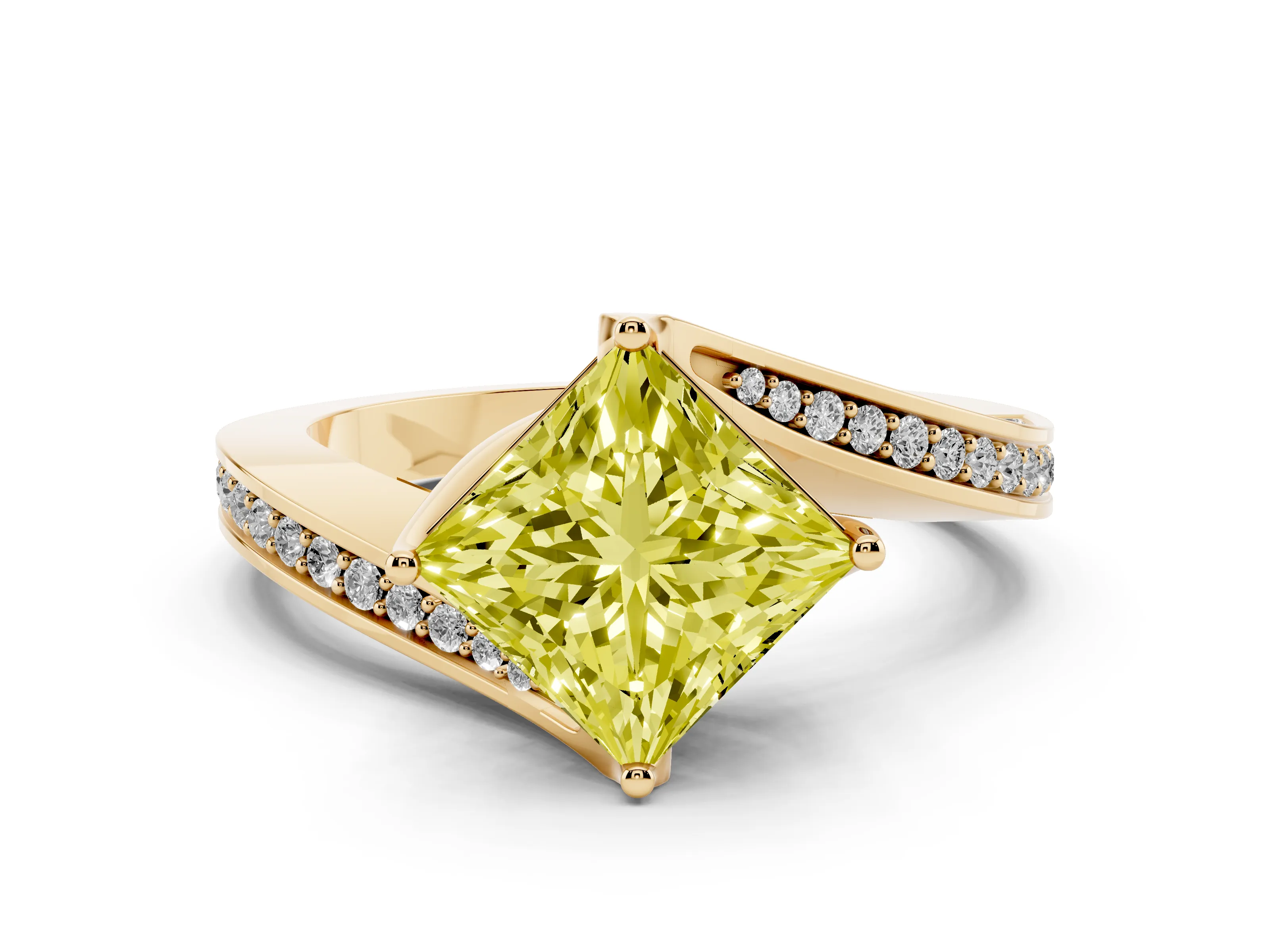 Fancy Yellow Princess Cut Diamond Solitaire Ring Set in Yellow gold with Intertwined Pavé Twist Band