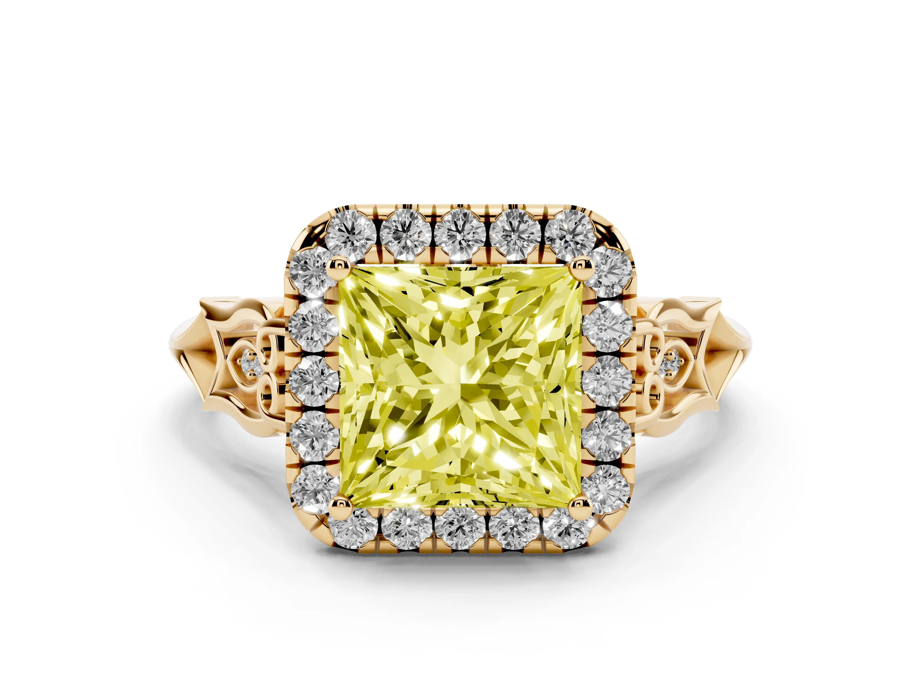 Fancy Yellow Princess Cut Diamond Halo Engagement Ring Set in Yellow gold with Filigree Band and Prong-Set Center