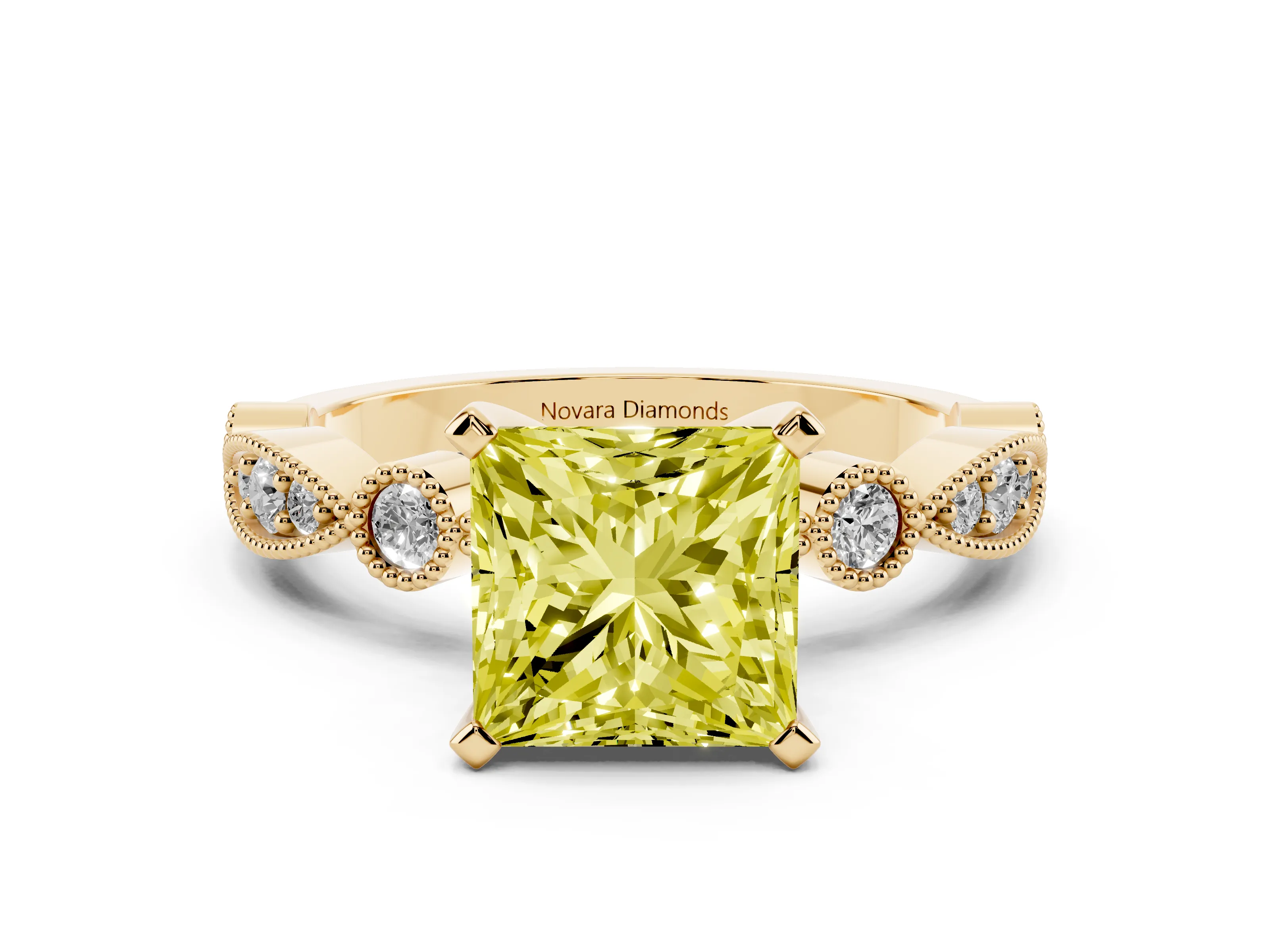 Fancy Yellow Princess Cut Diamond Solitaire Engagement Ring Set in Yellow gold with Milgrain Bezel Accent Band