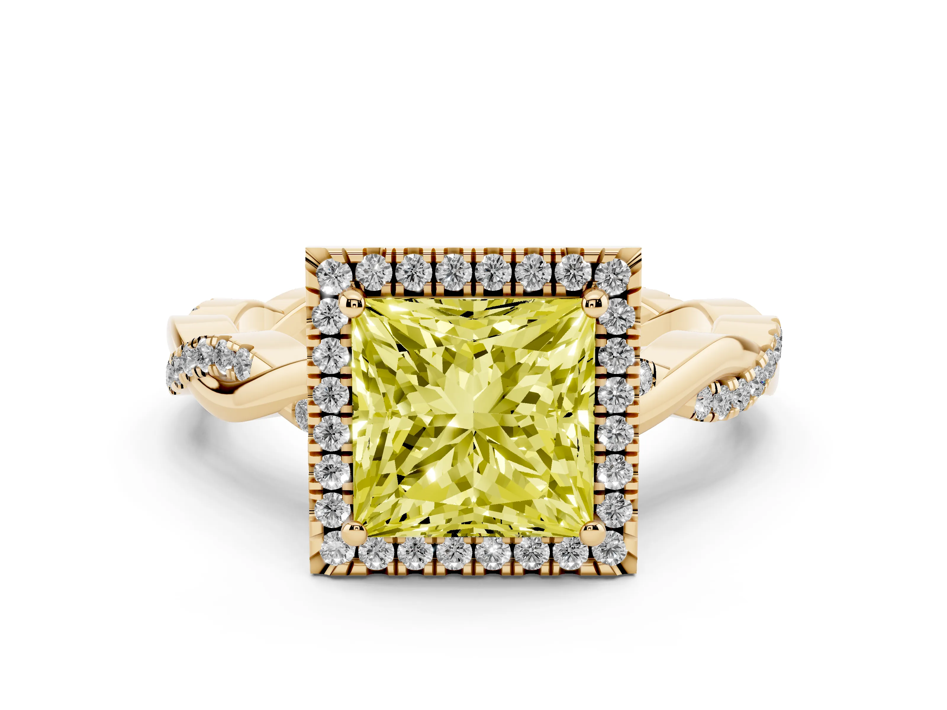 Fancy Yellow Princess Cut Diamond Halo Twisted Band Ring Set in Yellow gold with Prong Setting