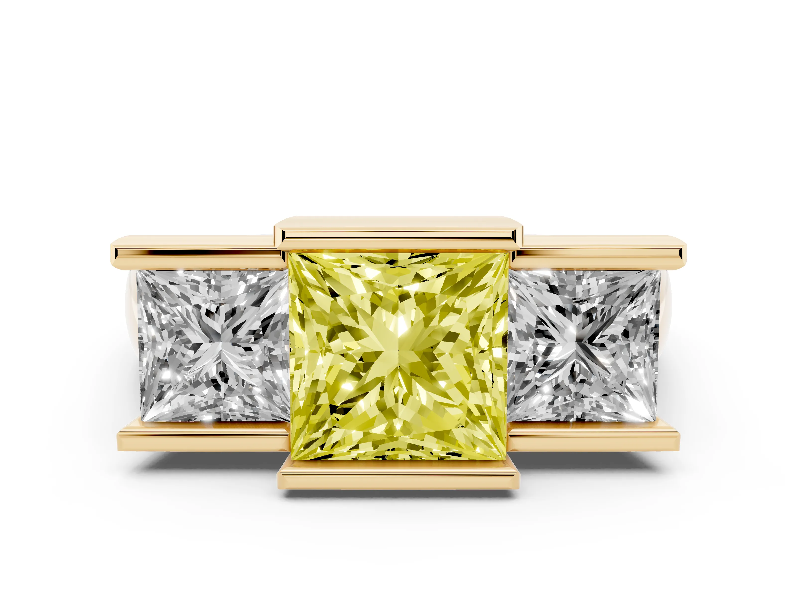 Fancy Yellow Princess Cut Diamond Three-Stone Channel Set Ring Set in Yellow gold with Smooth Polished Band