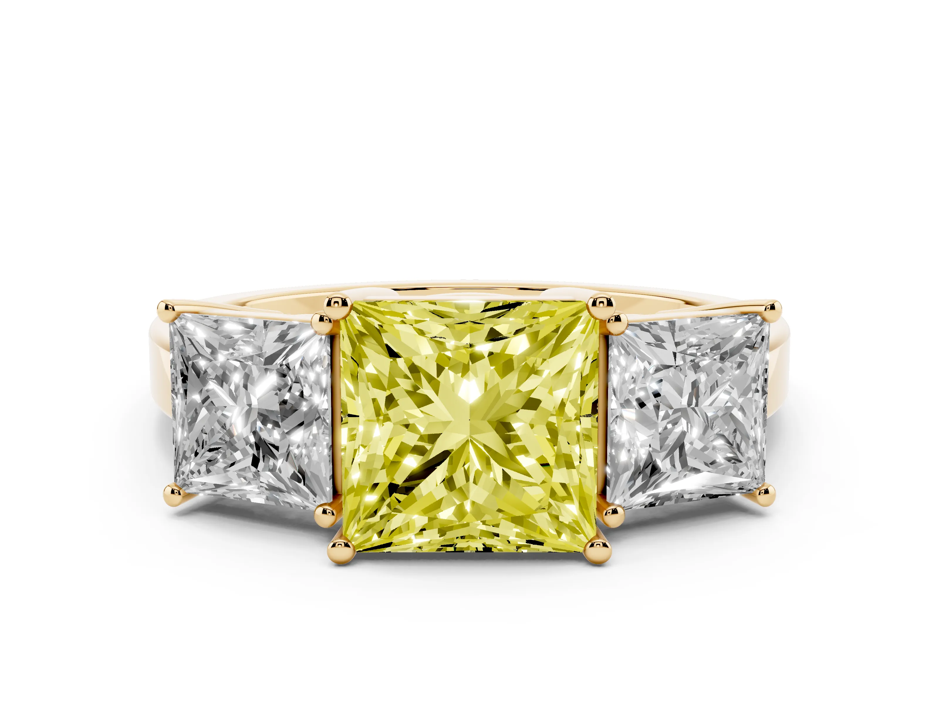 Fancy Yellow Princess Cut Diamond Three-Stone Engagement Ring Set in Yellow gold with Flat Band
