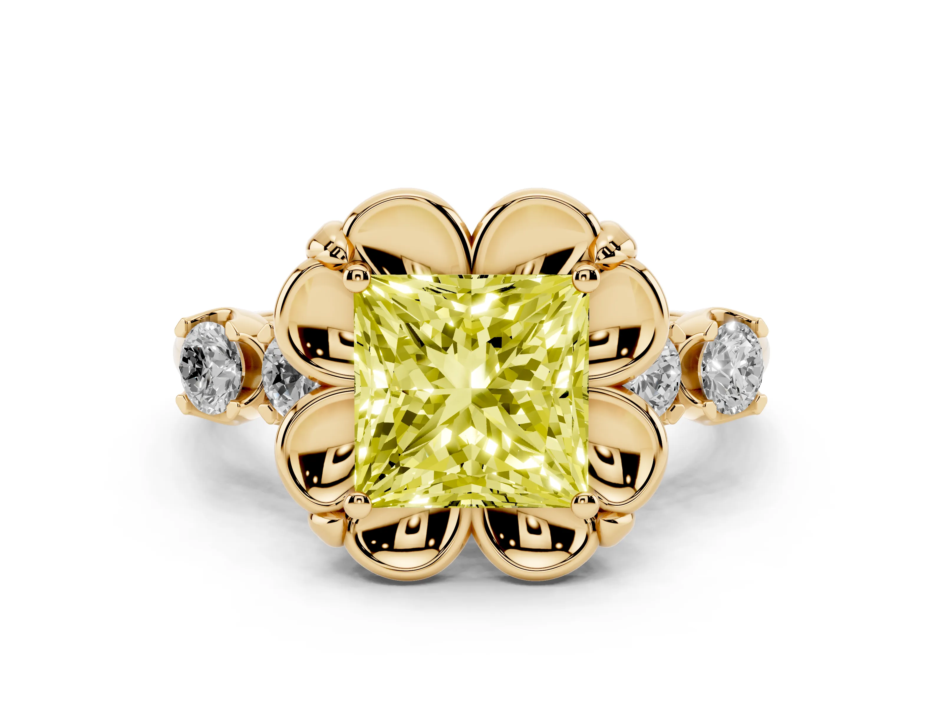 Fancy Yellow Princess Cut Diamond Floral Halo Ring Set in Yellow gold with Shared Prong Band