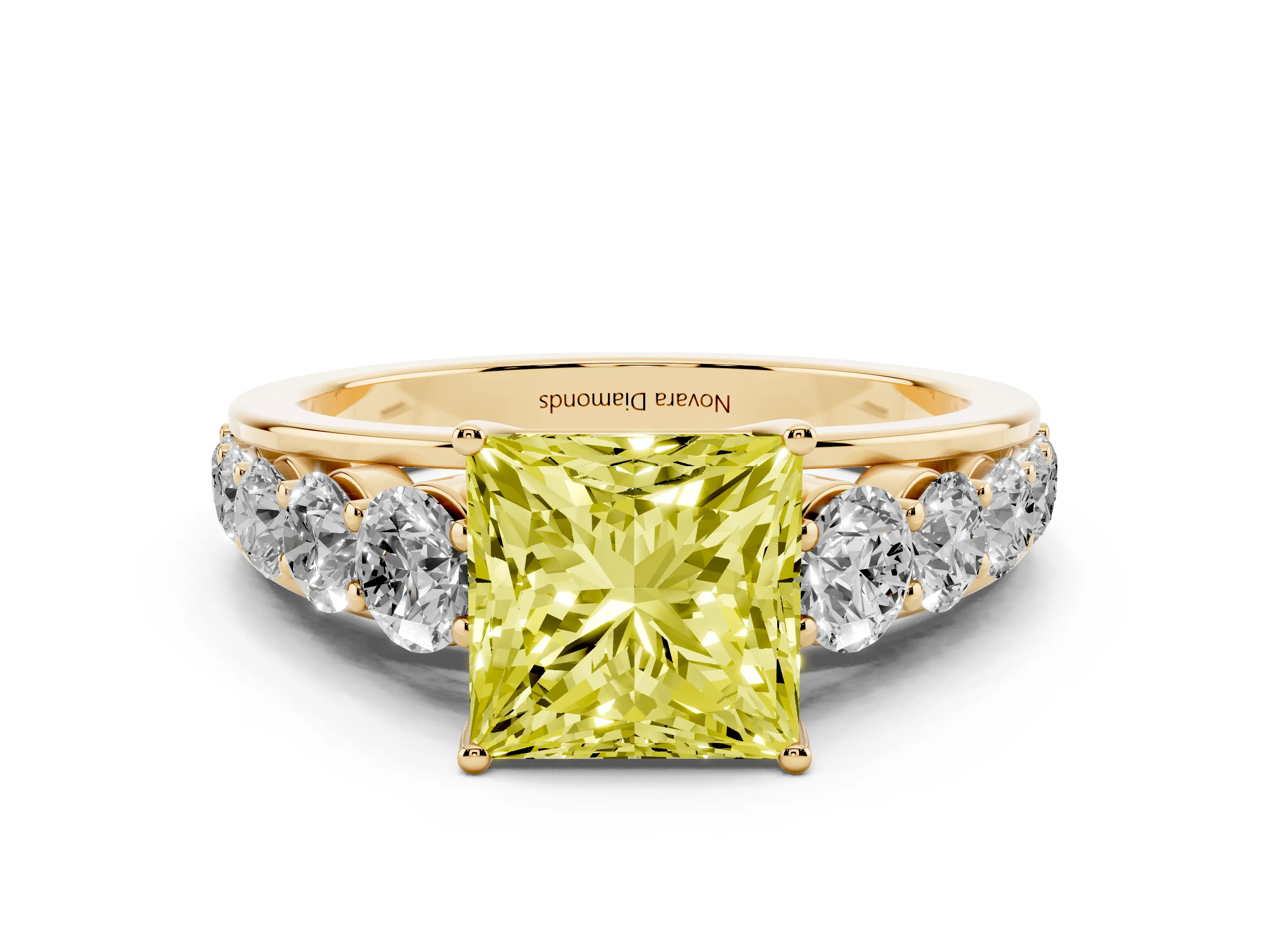 Fancy Yellow Princess Cut Diamond Solitaire Ring Set in Yellow gold with Pavé-Set Band and Prong Setting