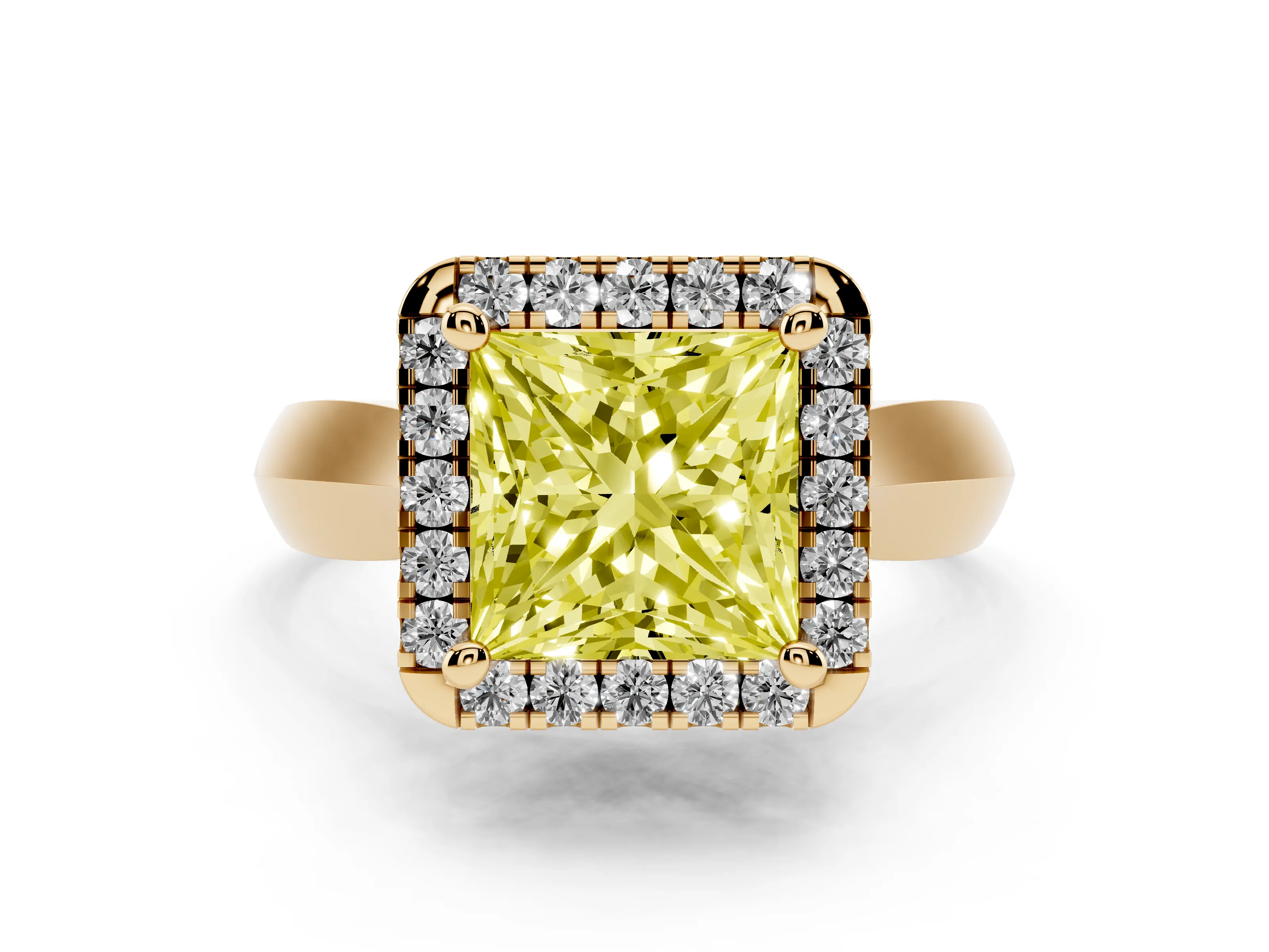 Fancy Yellow Princess Cut Diamond Halo Solitaire Engagement Ring Set in Yellow gold with Square Band and Prong Setting