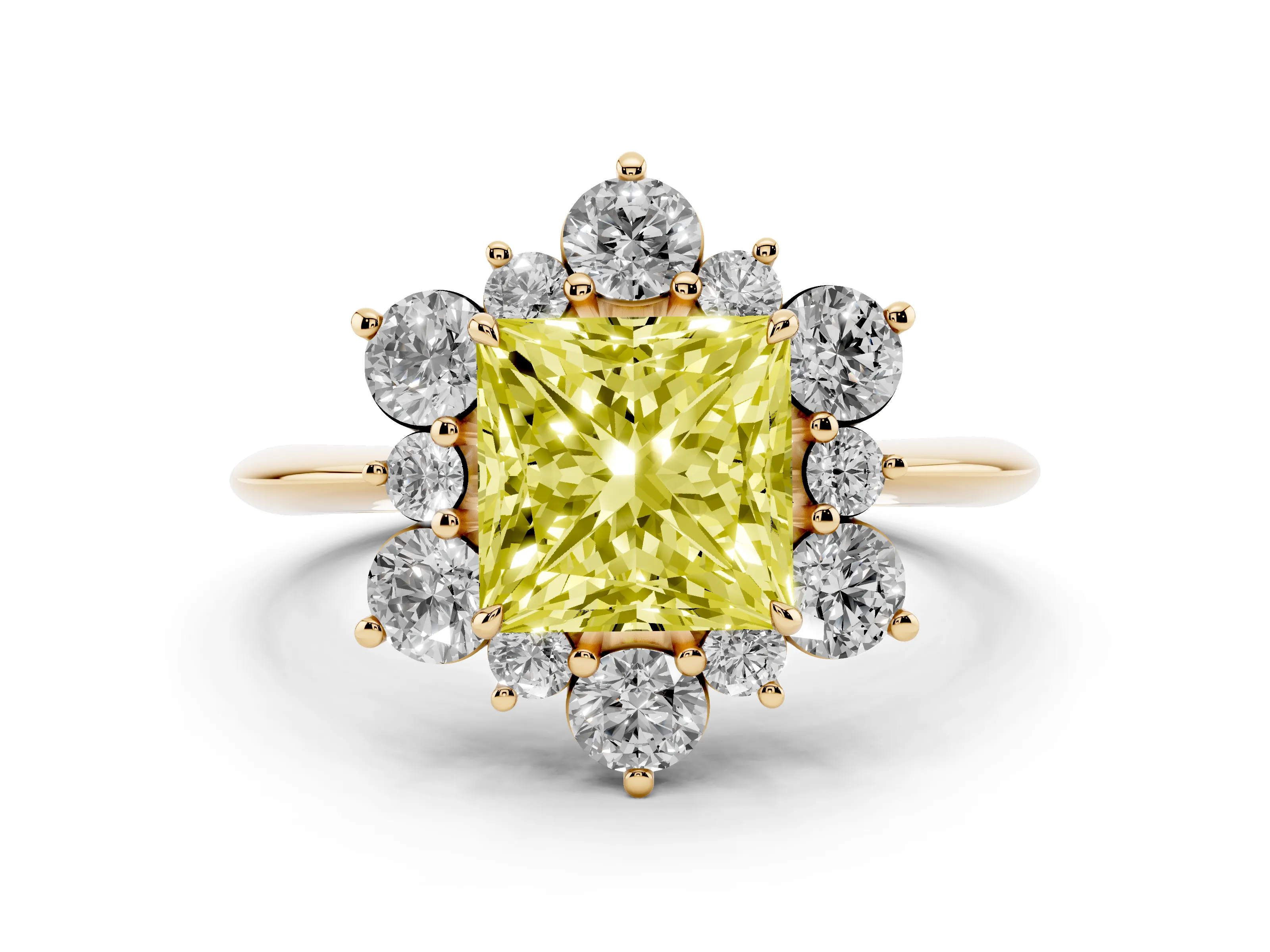 Fancy Yellow Princess Cut Diamond Cluster Halo Ring Set in Yellow gold with Solitaire Band and Prong Setting
