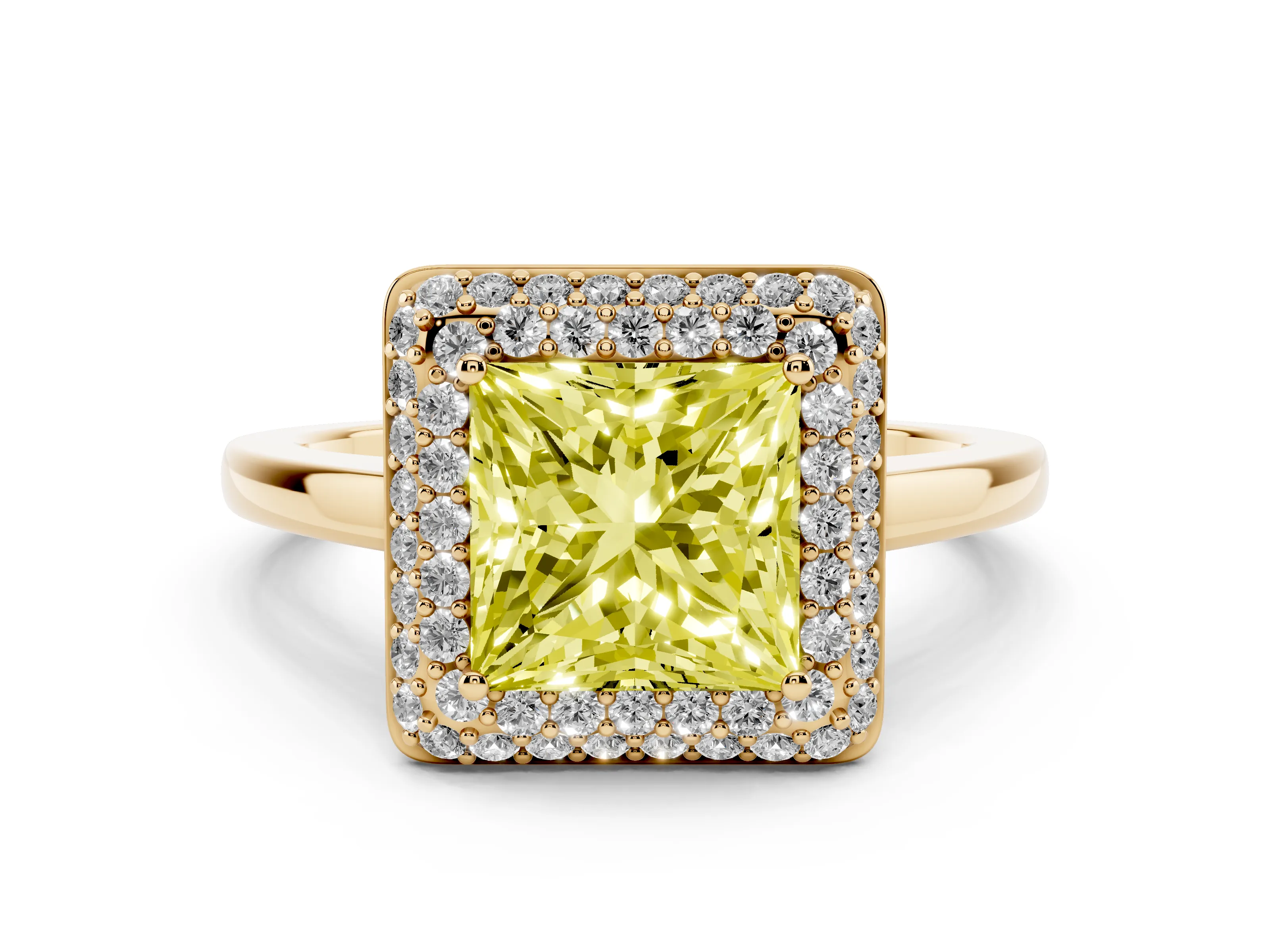 Fancy Yellow Princess Cut Diamond Halo Engagement Ring Set in Yellow gold with Solitaire Band and Prong Setting