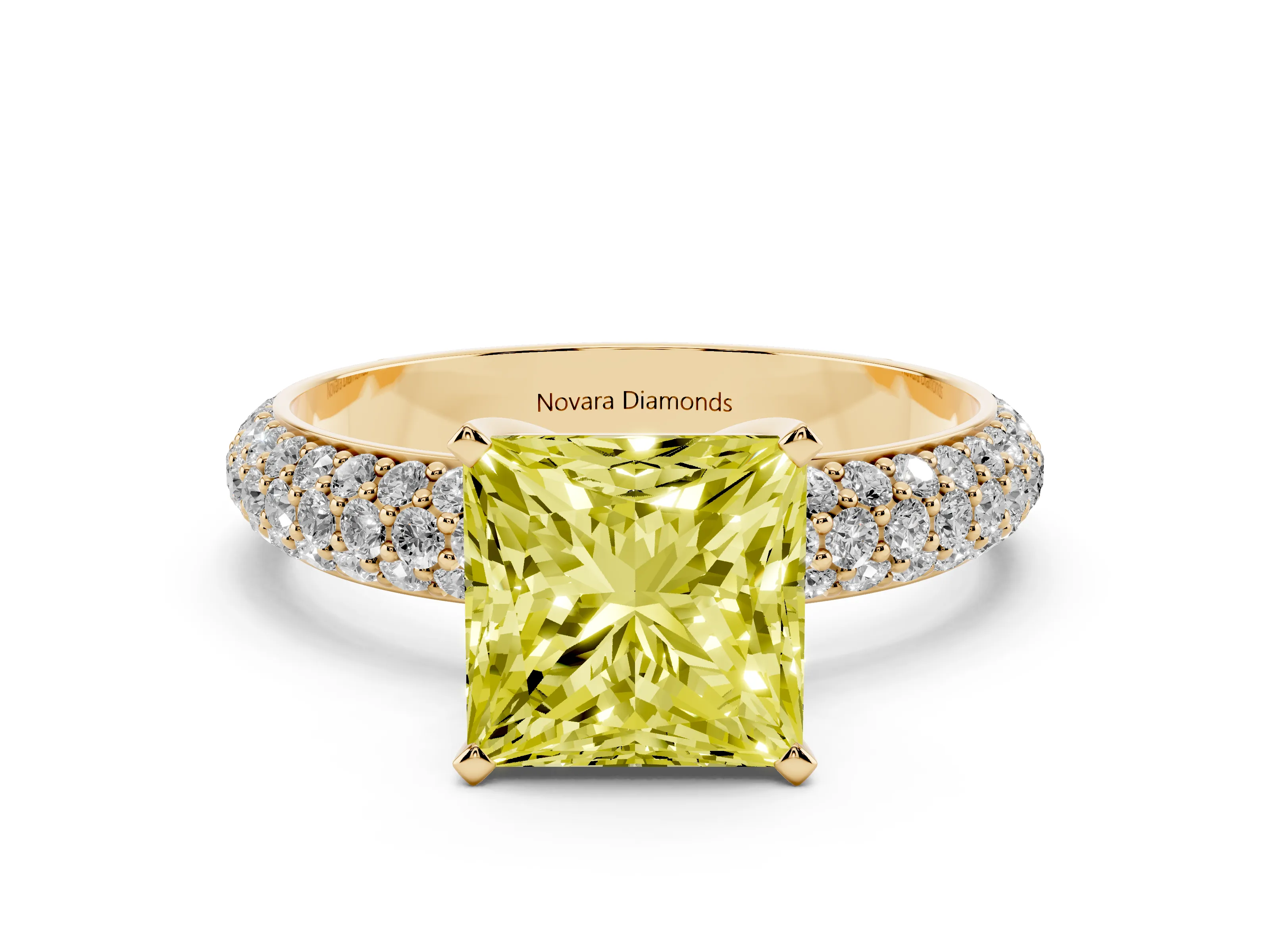 Fancy Yellow Princess Cut Diamond Solitaire Ring Set in Yellow gold with Prong Setting and Pavé-Set Band