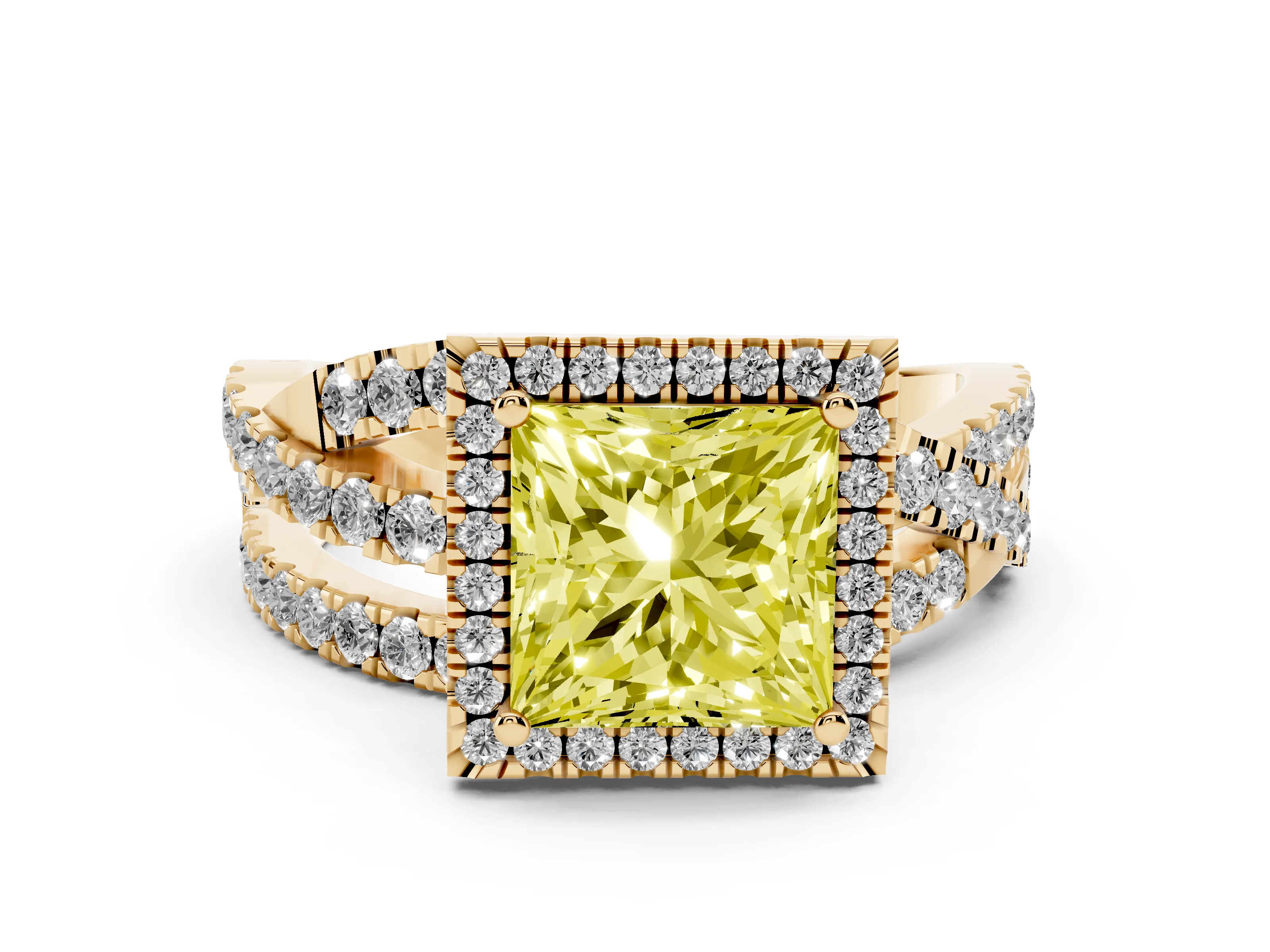 Fancy Yellow Princess Cut Diamond Halo Ring Set in Yellow gold with Round Crossover Split Shank and Prong Setting