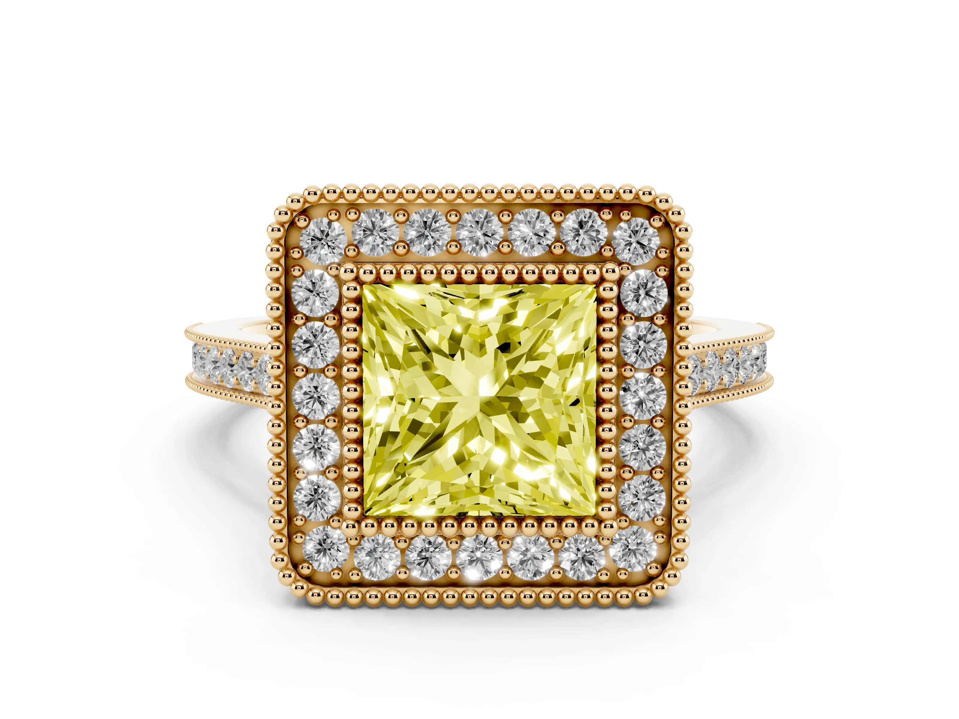 Fancy Yellow Princess Cut Diamond Halo Ring Set in Yellow gold with Milgrain Frame and Pavé Band
