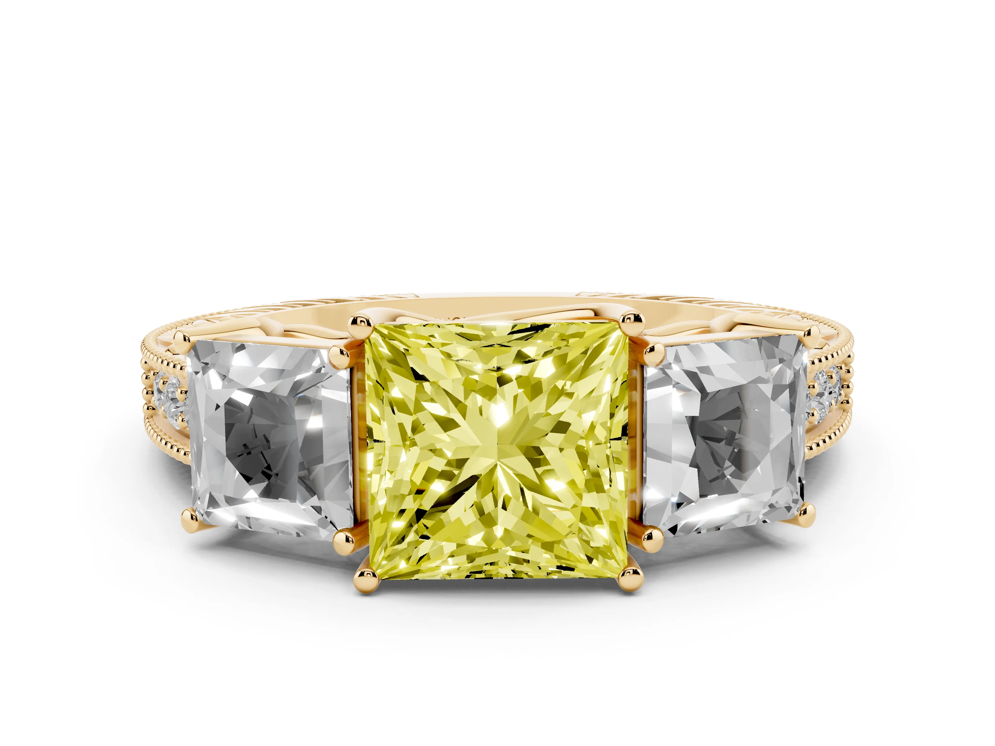 Fancy Yellow Princess Cut Diamond Three-Stone Engagement Ring Set in Yellow gold with Milgrain Pavé Band