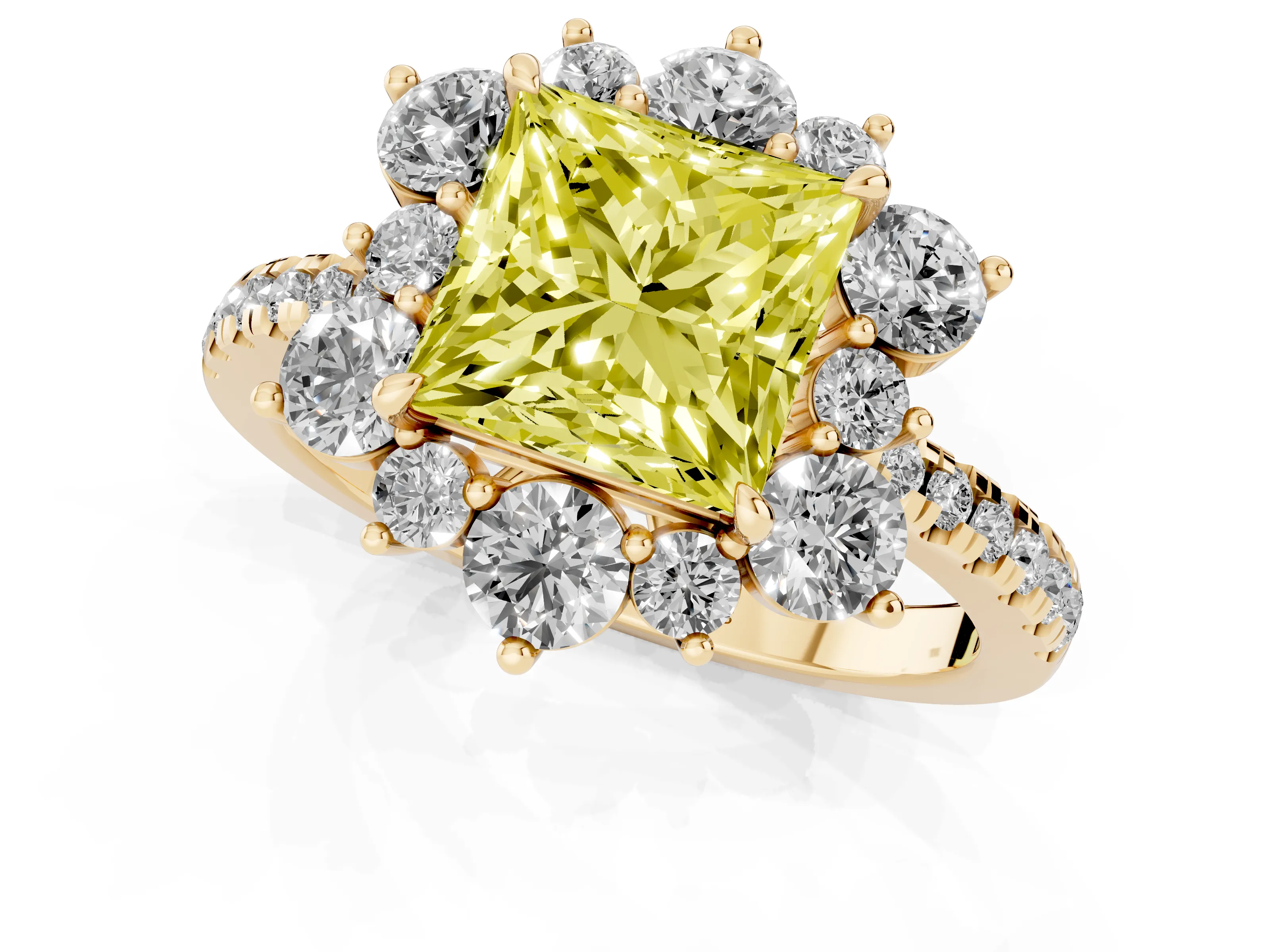 Fancy Yellow Princess Cut Diamond Floral Halo Ring Set in Yellow gold with Round Pavé Band and Prong Setting