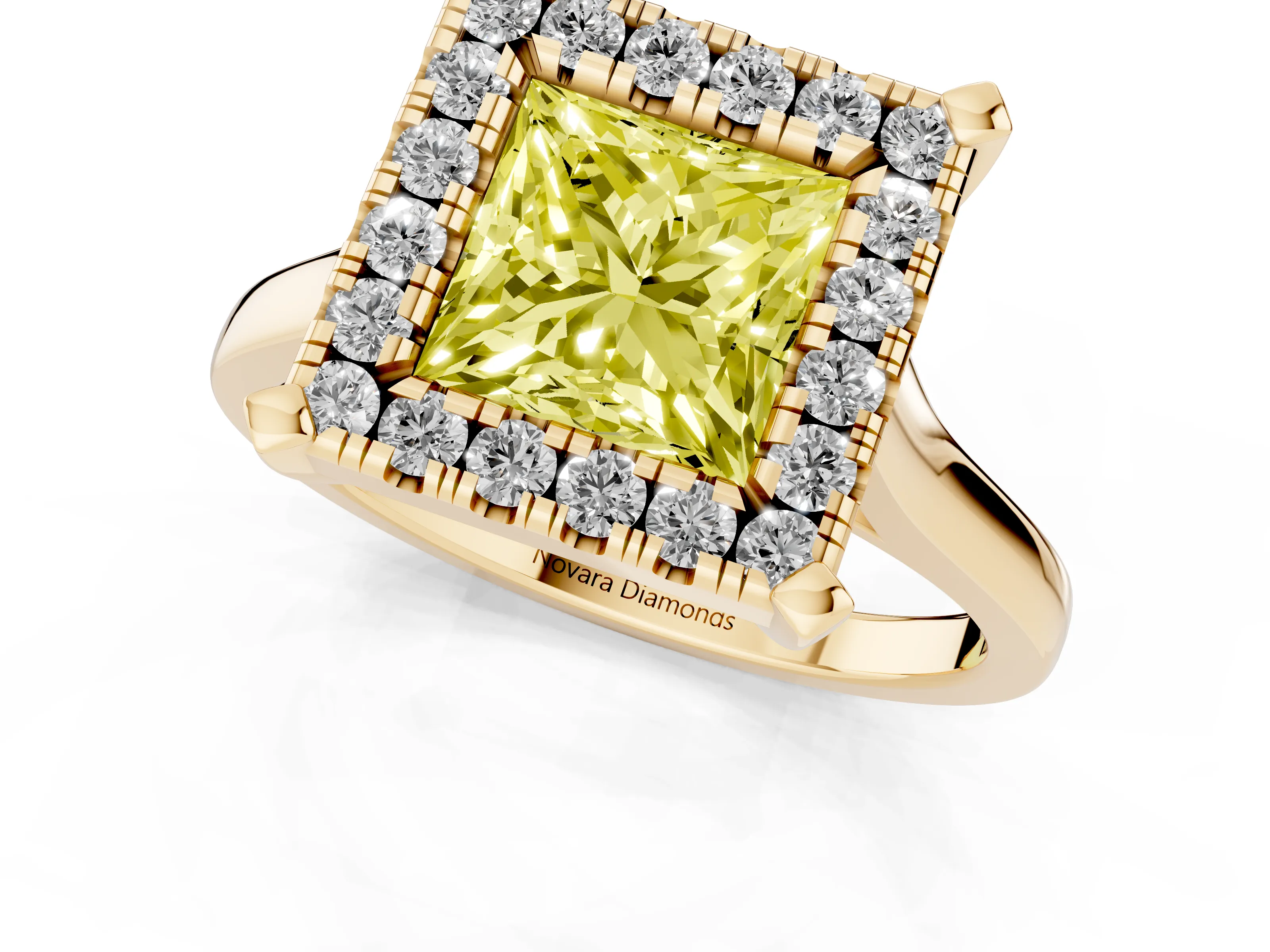 Fancy Yellow Princess Cut Diamond Cluster Halo Solitaire Ring Set in Yellow gold with Prong Setting
