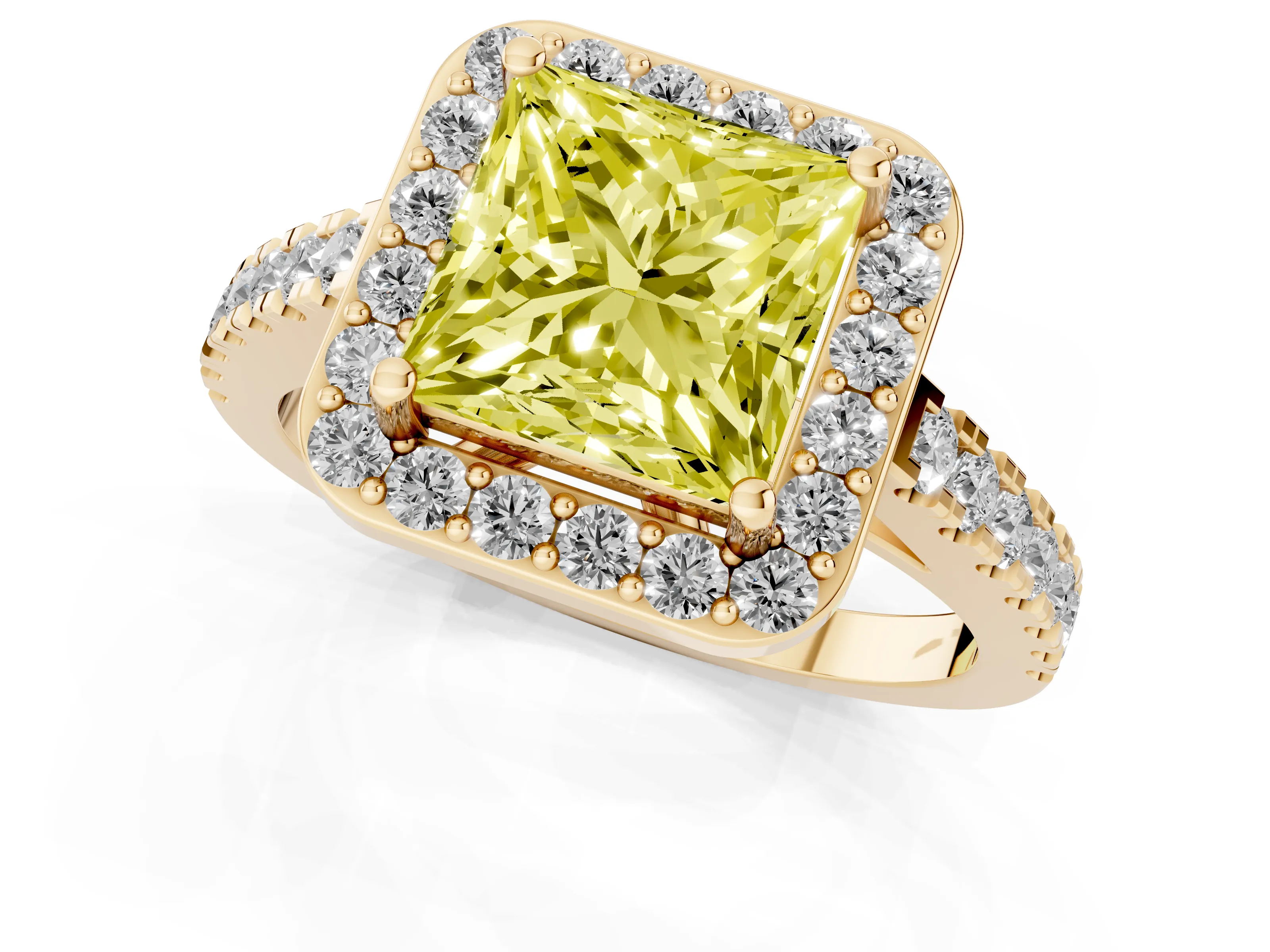 Fancy Yellow Princess Cut Diamond Halo Ring Set in Yellow gold with Round Pavé Split Shank and Prong Setting