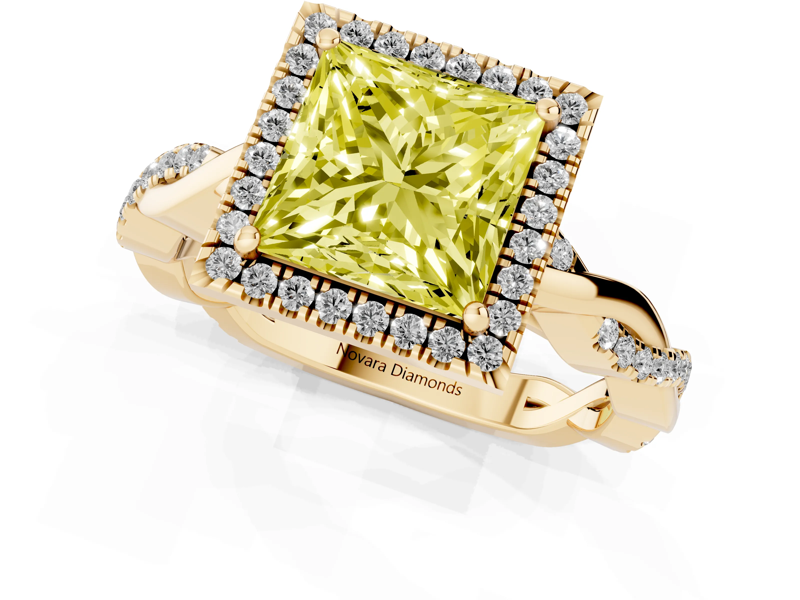 Fancy Yellow Princess Cut Diamond Halo Twisted Band Ring Set in Yellow gold with Prong Setting
