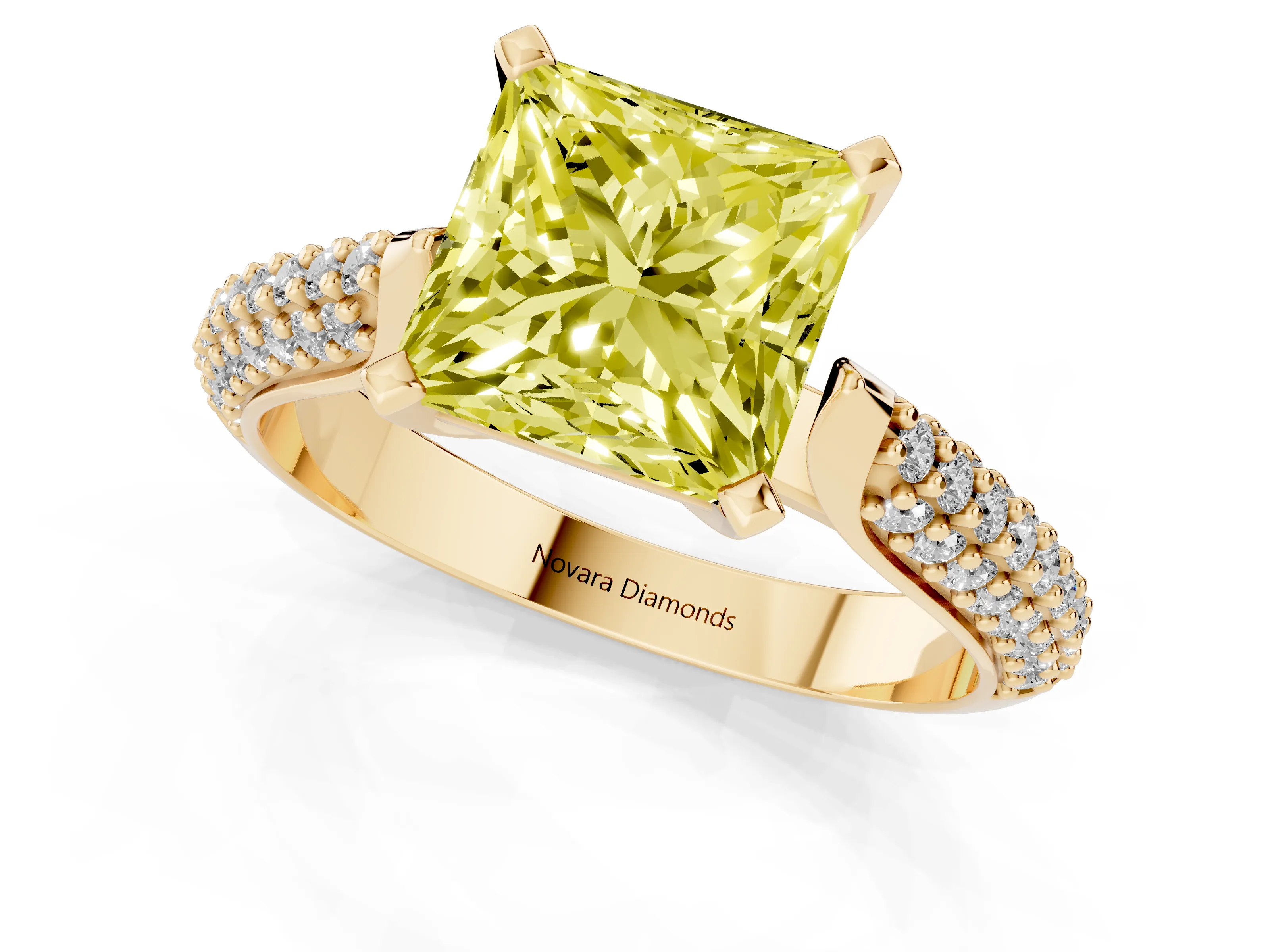 Fancy Yellow Princess Cut Diamond Solitaire Engagement Ring Set in Yellow gold with Multi-Row Round Pavé Band and Prong Setting