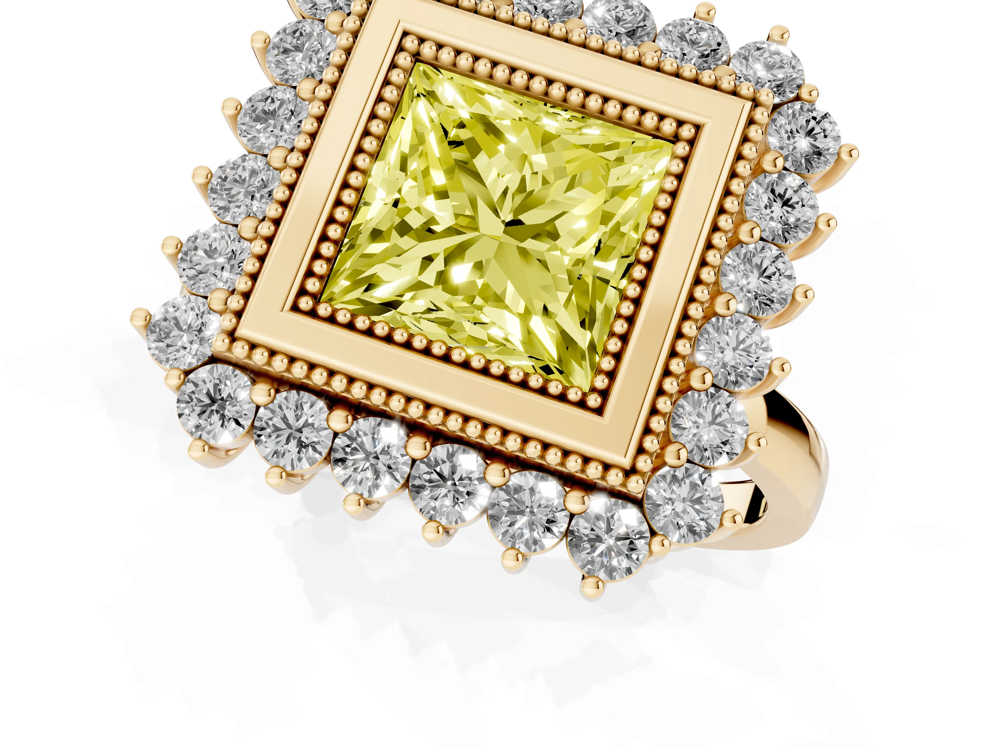 Fancy Yellow Princess Cut Diamond Halo Ring Set in Yellow gold with Milgrain Edge and Round Prong Setting
