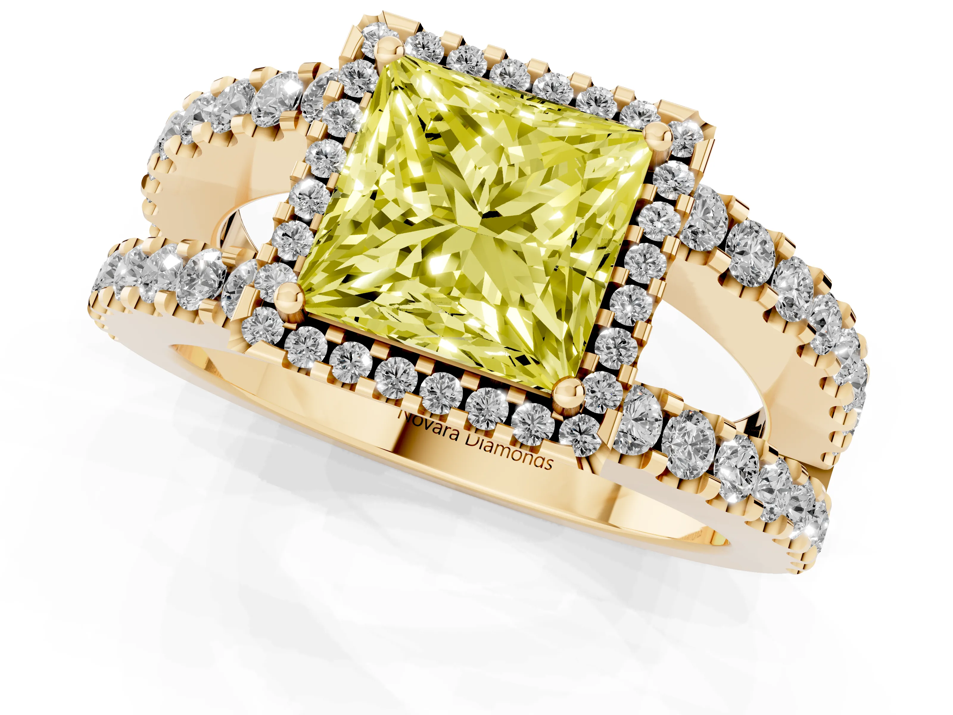Fancy Yellow Princess Cut Diamond Halo Ring Set in Yellow gold with Pavé Split Shank and Prong Setting