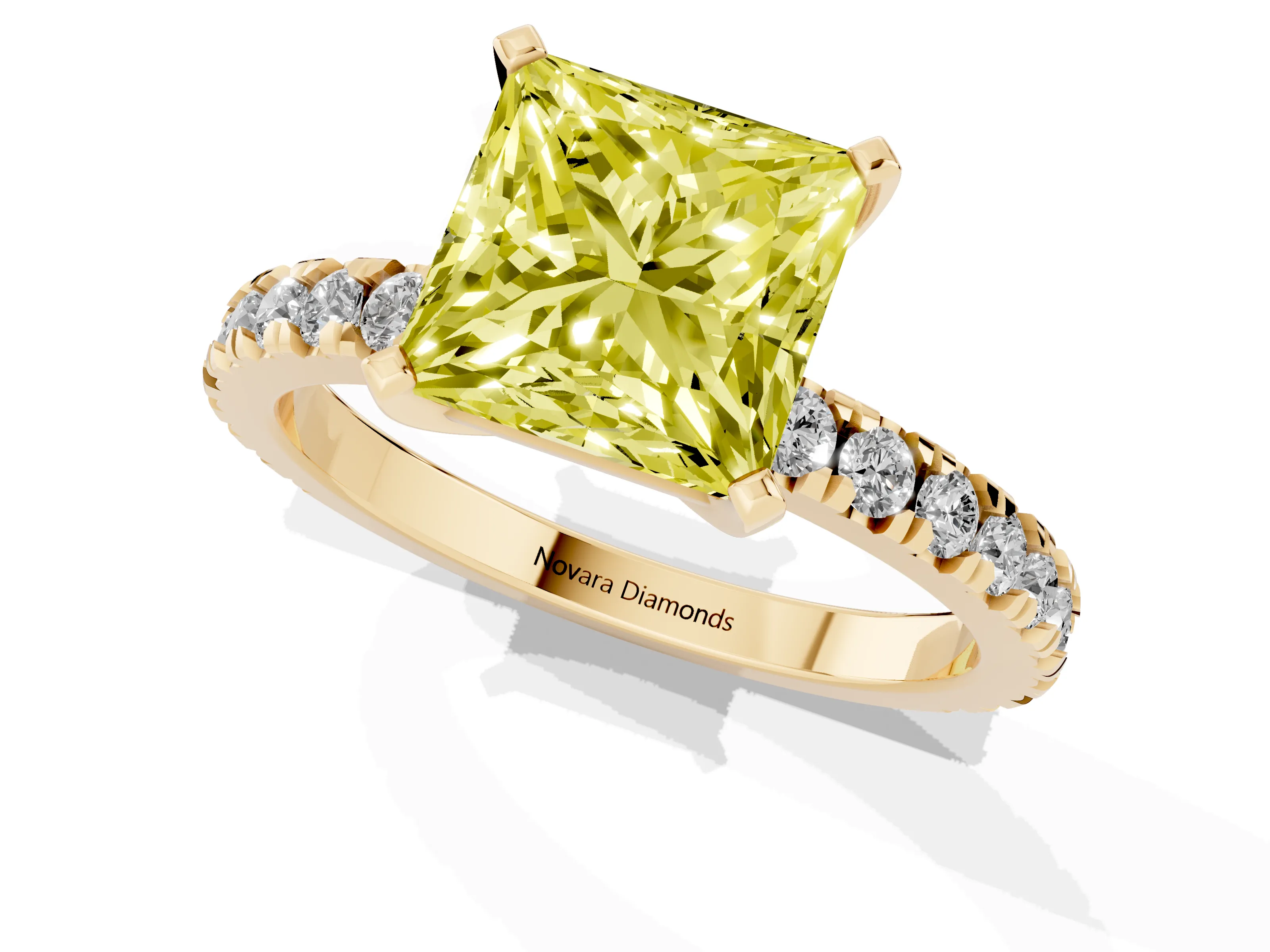 Fancy Yellow Princess Cut Diamond Pavé Band Solitaire Set in Yellow gold with Prong Setting